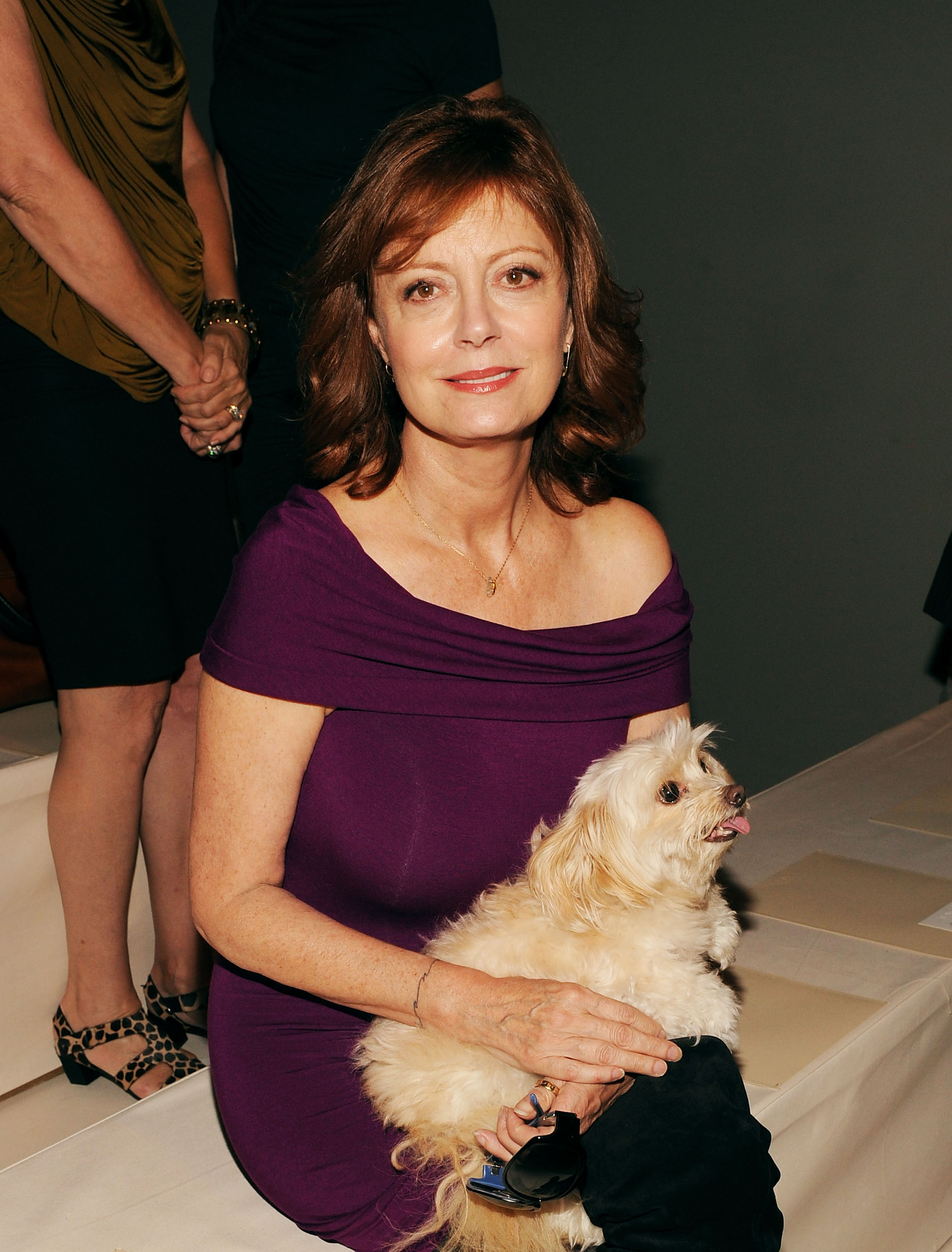 Susan Sarandon attends FIJI Water at the Donna Karan Collection Spring 2011 fashion show (with her dog) during Mercedes-Benz Fashion Week at 711 Greenwich Street, NYC, September 13, 2010