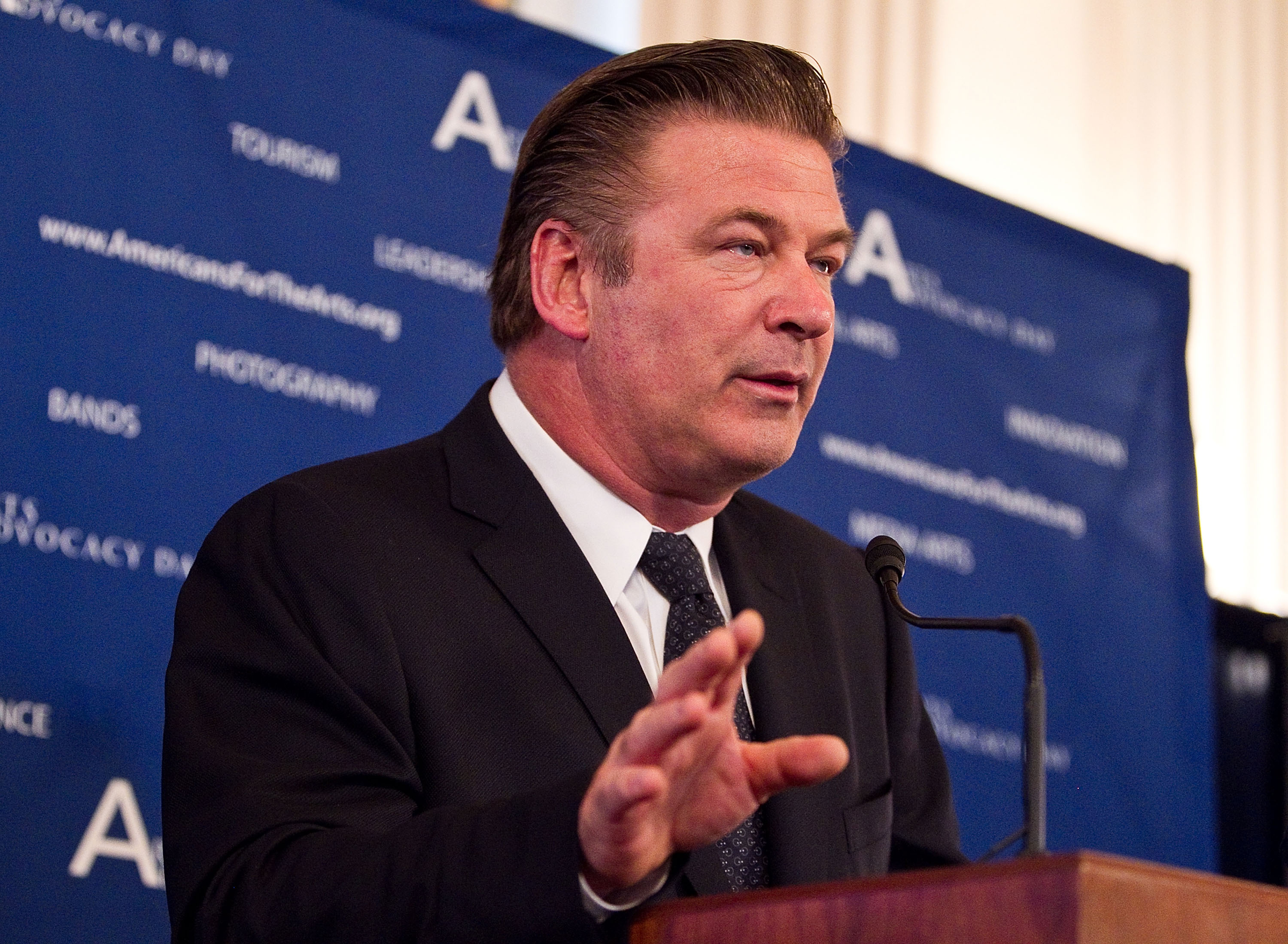 Alec Baldwin speaks at the Arts Advocacy Day Congressional Arts Kick-off at Capitol Hill in Washington, DC, on April 5, 2011