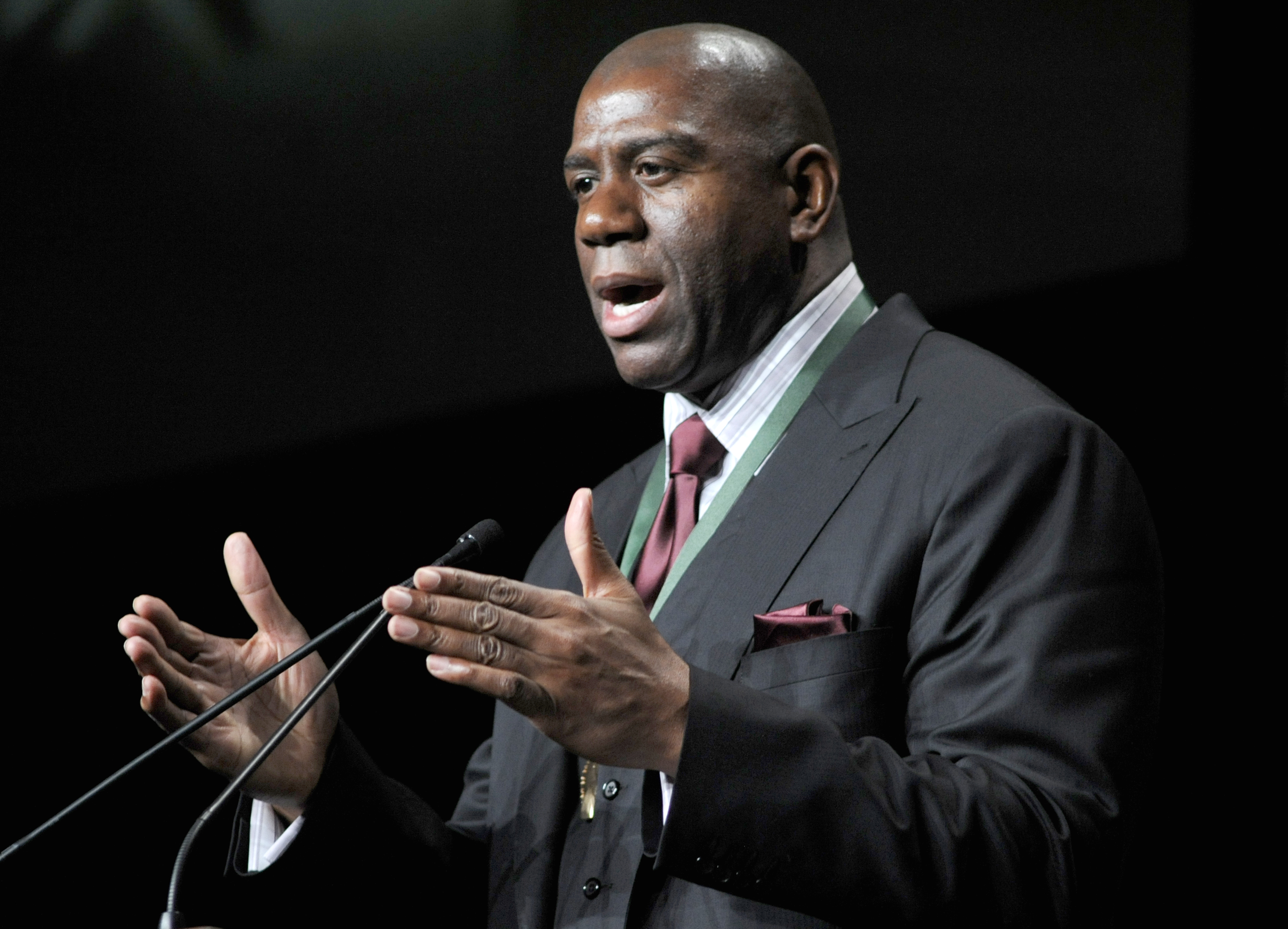Magic Johnson performs his acceptance speech at the 2011 California Hall of Fame Inductee Ceremony at the California Museum, Sacramento, on December 8, 2011