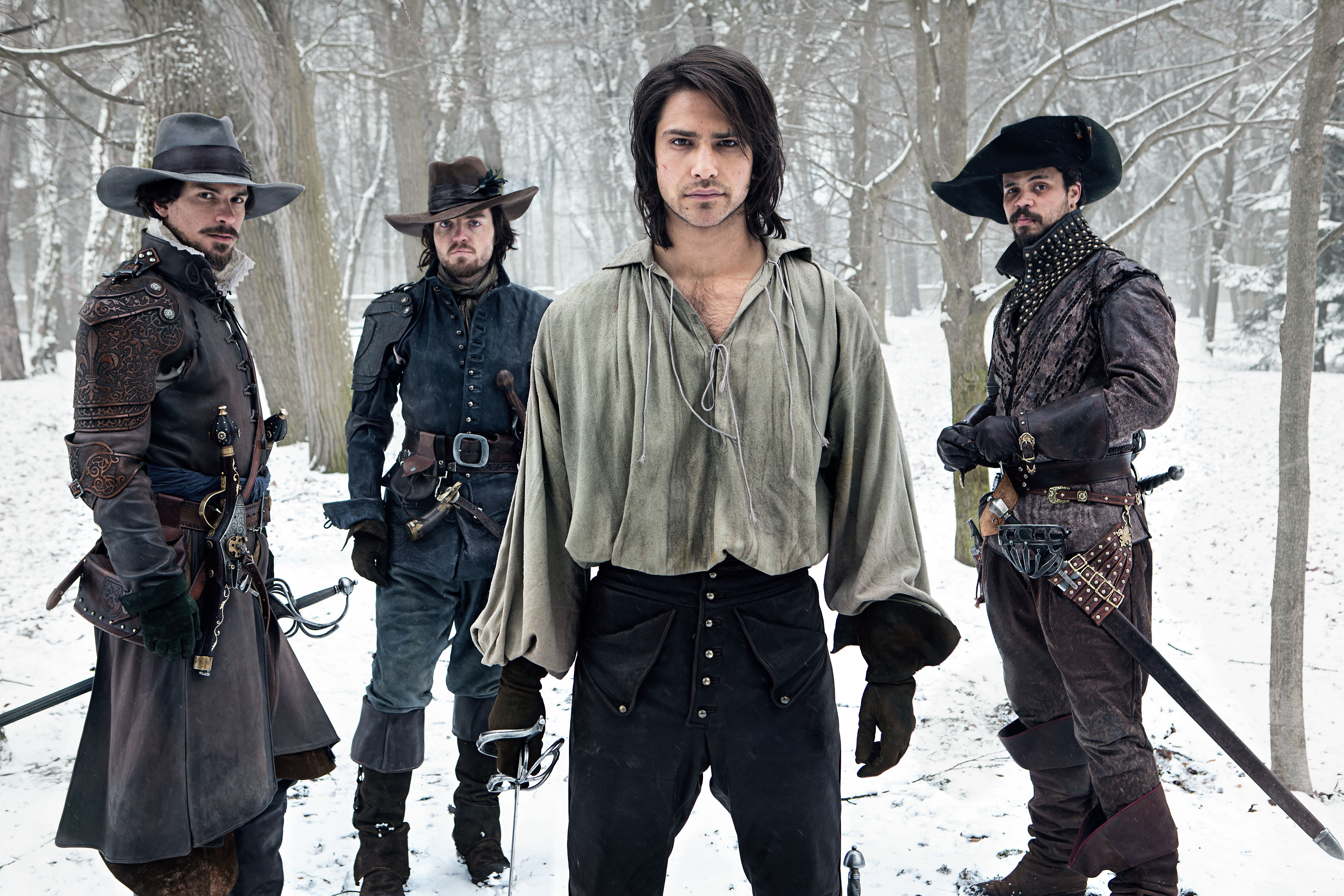 Santiago Cabrera (Aramis), Tom Burke (Athos), Luke Pasqualino (D’Artagnan) and Howard Charles (Porthos) in BBC America’s 2014-series ‘The Musketeers’