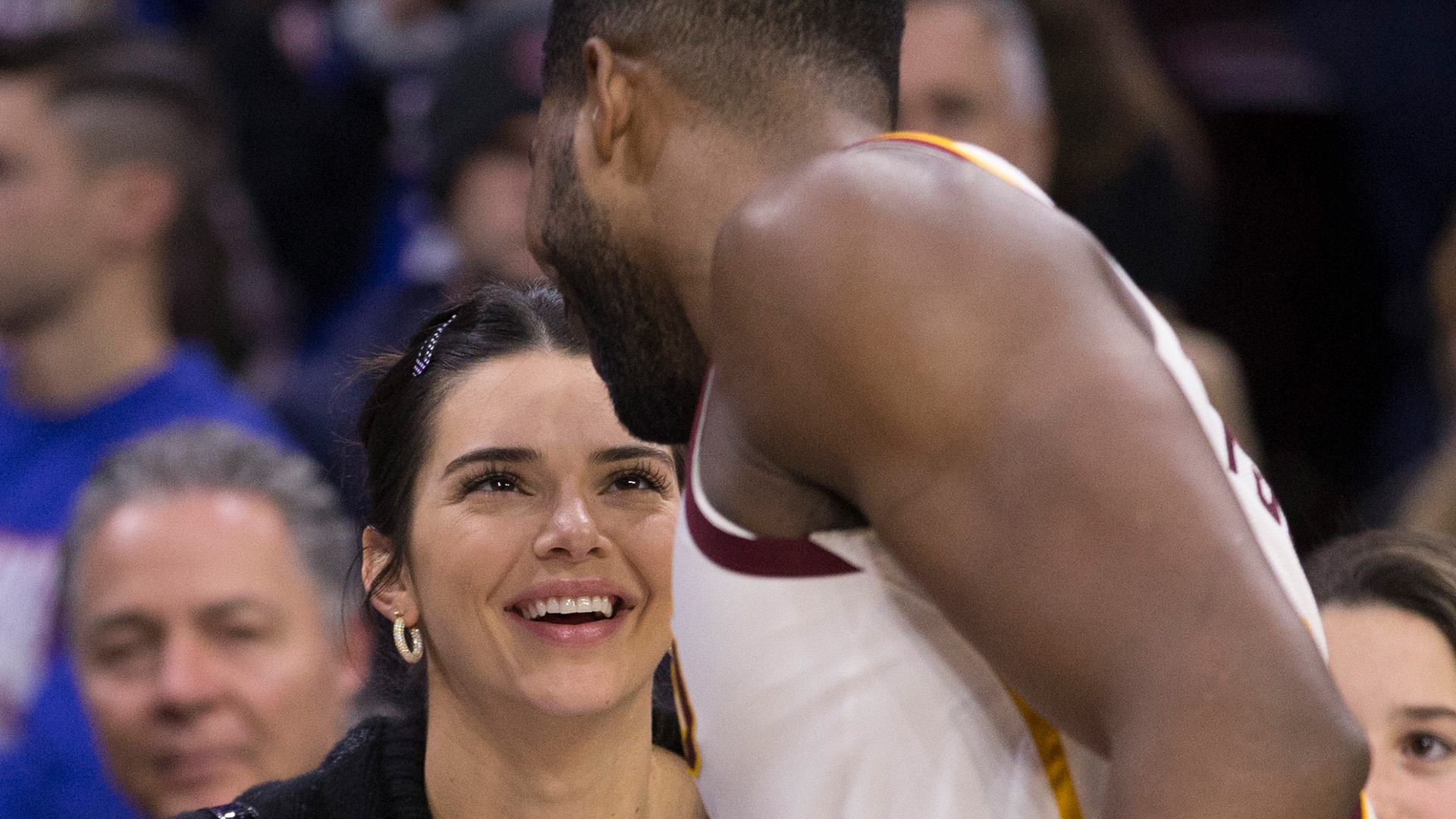 Kendall Jenner hugs Tristan Thompson #13 of the Cleveland Cavaliers after the game against the Philadelphia 76ers at the Wells Fargo Center on November 23, 2018 in Philadelphia, Pennsylvania