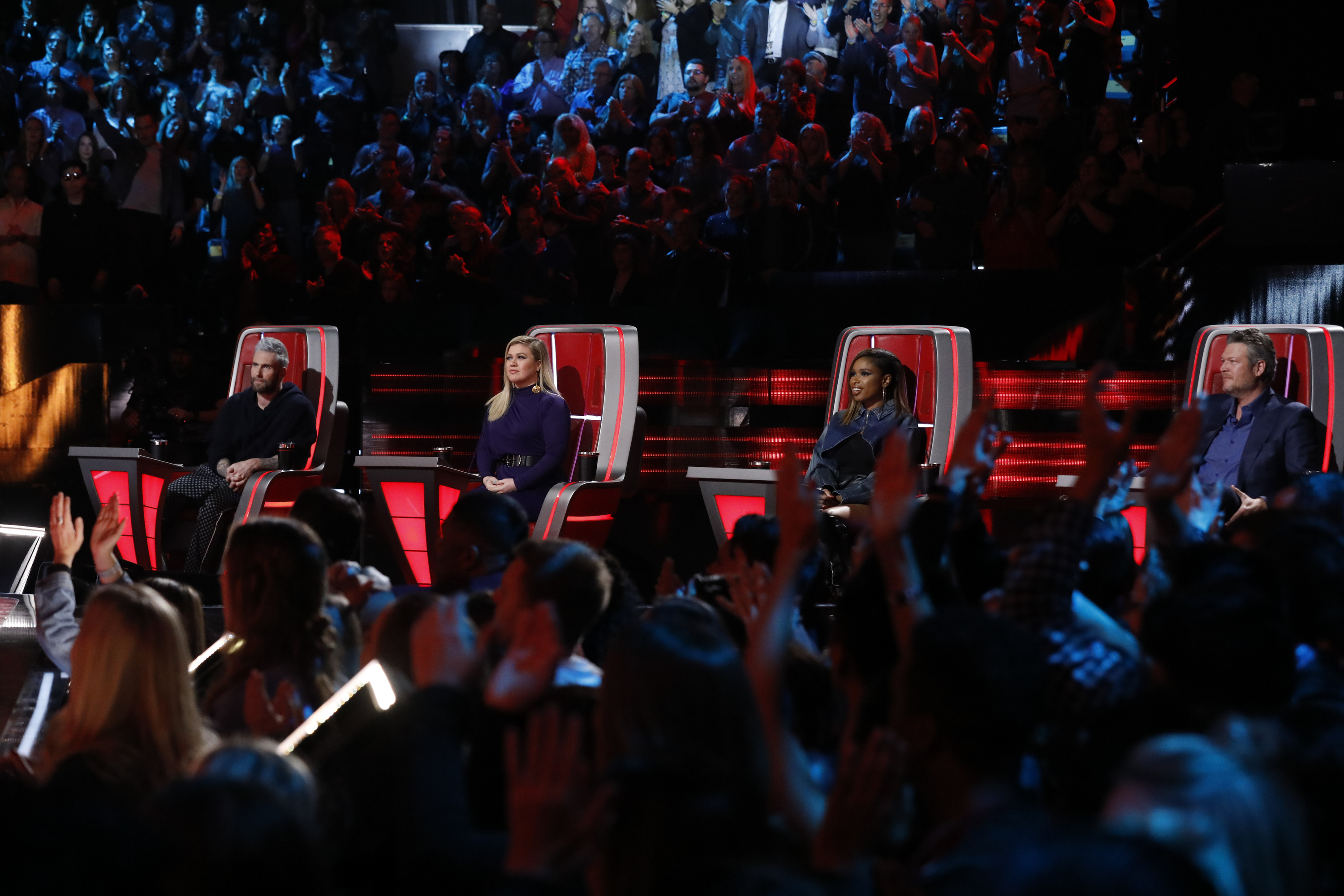 THE VOICE -- "Live Semi Finals" Episode 1518A -- Pictured: (l-r) Adam Levine, Kelly Clarkson, Jennifer Hudson, Blake Shelton -- (Photo by: Trae Patton/NBC) The Voice Judges - Adam Levine, Kelly Clarkson, Jennifer Hudson, Blake Shelton