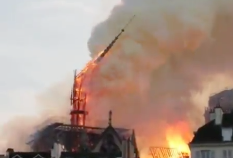 Notre Dame's spire collapsed in a massive blaze on April 15, 2019. (Credit: NBC News/Twitter)