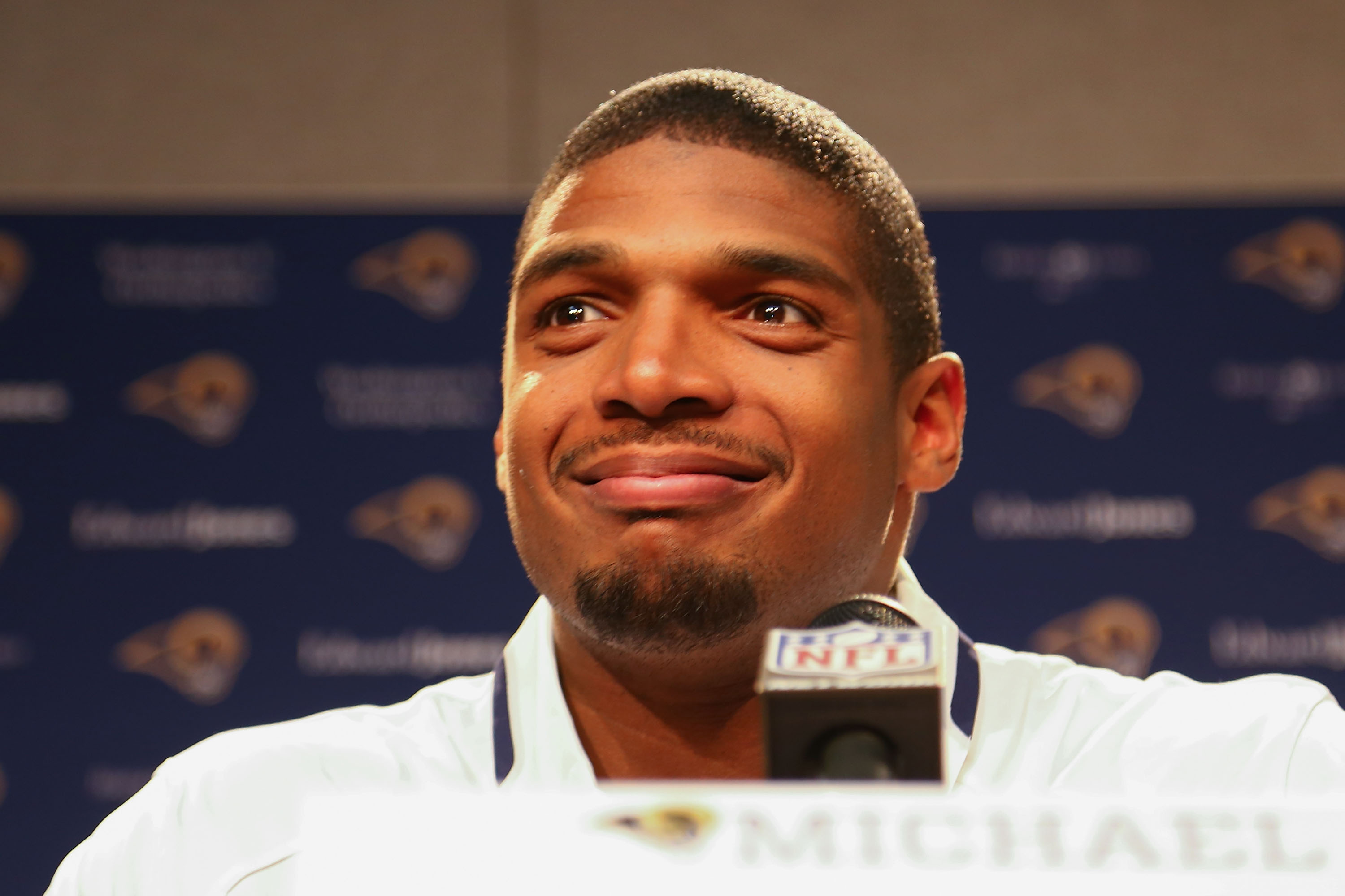 St. Louis Rams draft pick Michael Sam addresses the media during a press conference at Rams Park on May 13, 2014 in Earth City, Missouri