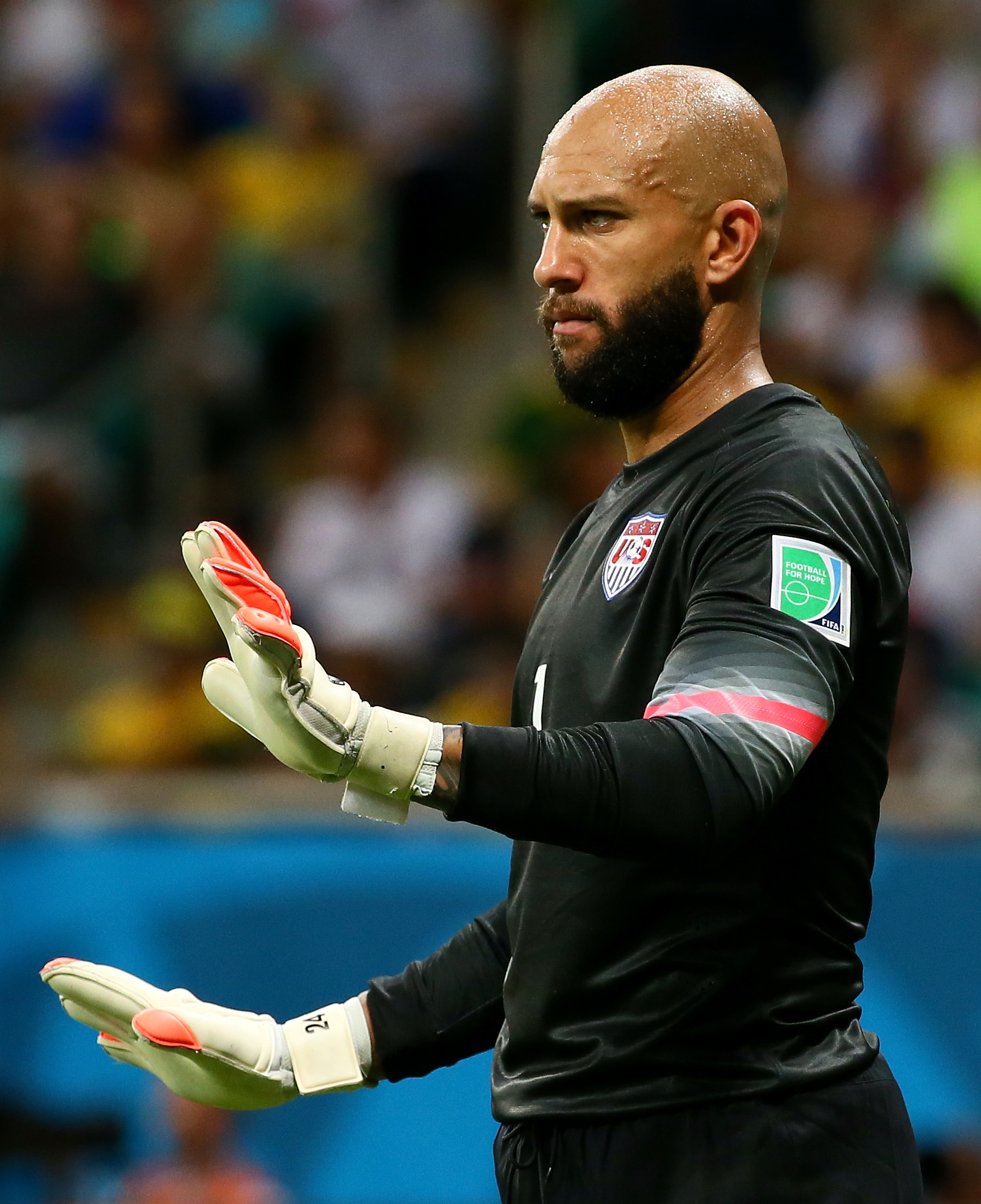 im Howard of the United States reacts during the 2014 FIFA World Cup Brazil Round of 16 match between Belgium and the United States at Arena Fonte Nova on July 1, 2014 in Salvador, Brazil