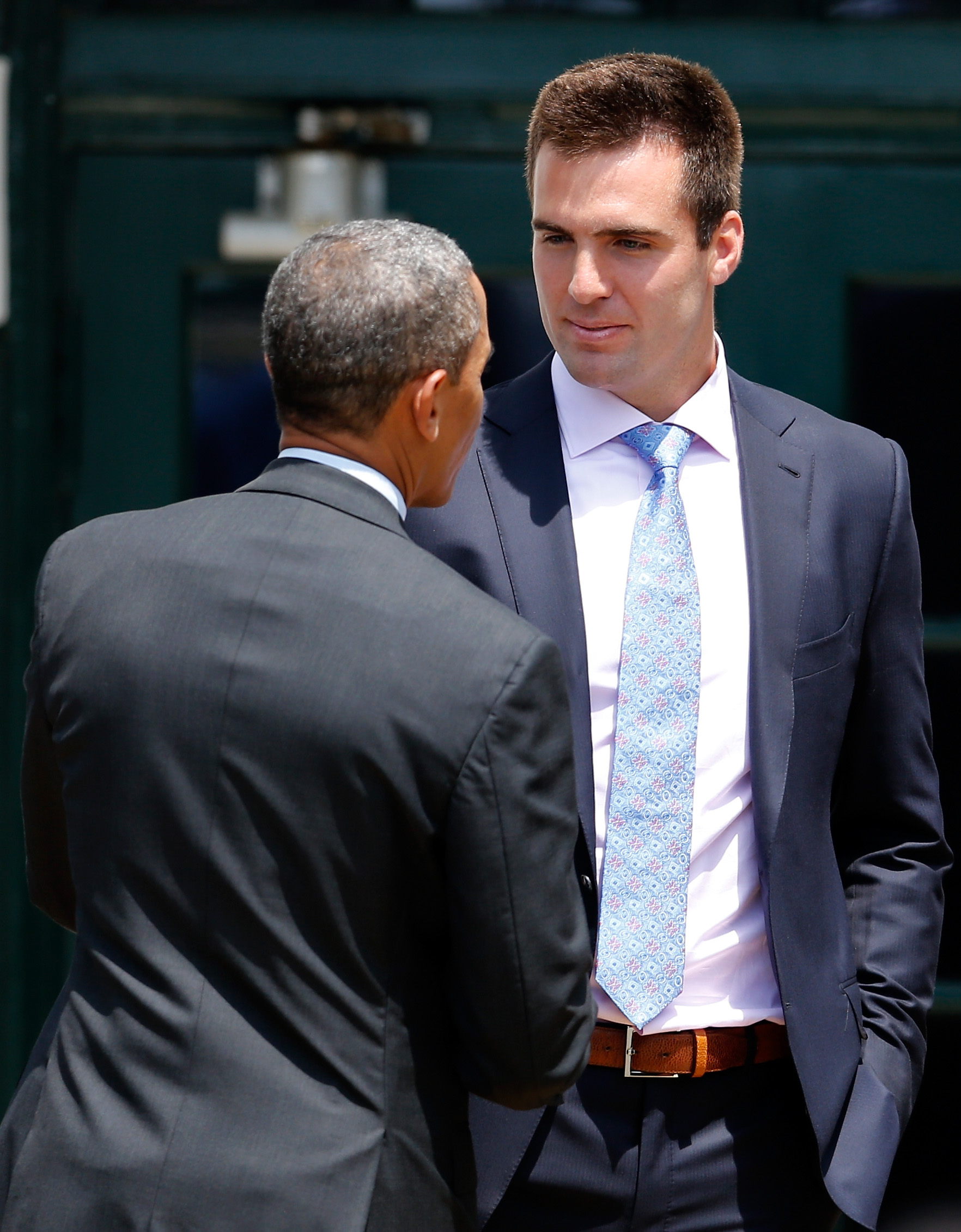 U.S. President Barack Obama talks with quarterback Joe Flacco after welcoming members of the National Football League Super Bowl champion Baltimore Ravens during a South Lawn ceremony on June 5, 2013 in Washington, DC. The Ravens defeated the San…