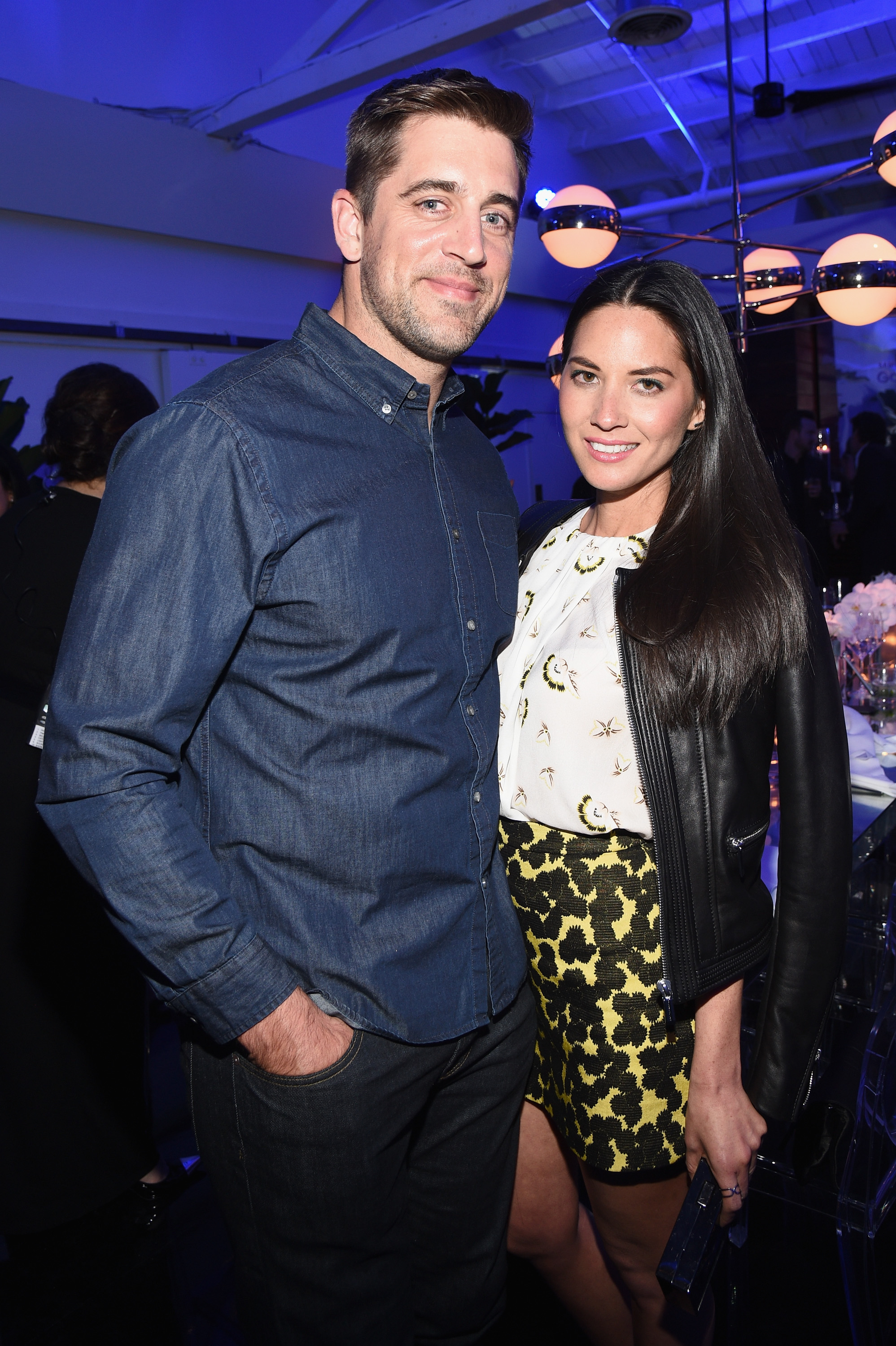 Aaron Rodgers (L) and actress Olivia Munn attend the Samsung Galaxy S 6 edge launch on April 2, 2015 in Los Angeles