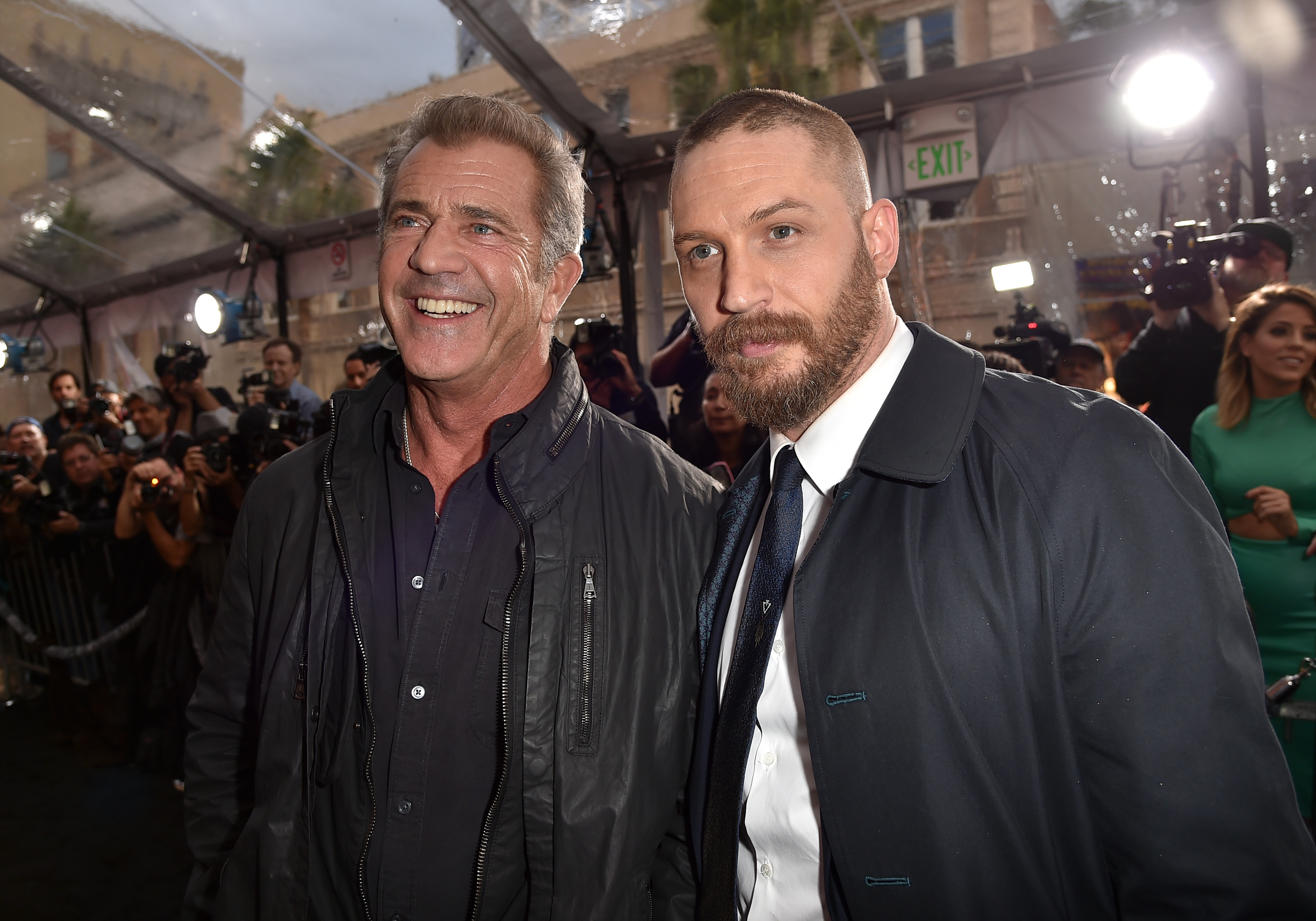 Mel Gibson and Tom Hardy attend the premiere of Warner Bros. Pictures’ ‘Mad Max: Fury Road’ at TCL Chinese Theatre on May 7, 2015 in Hollywood