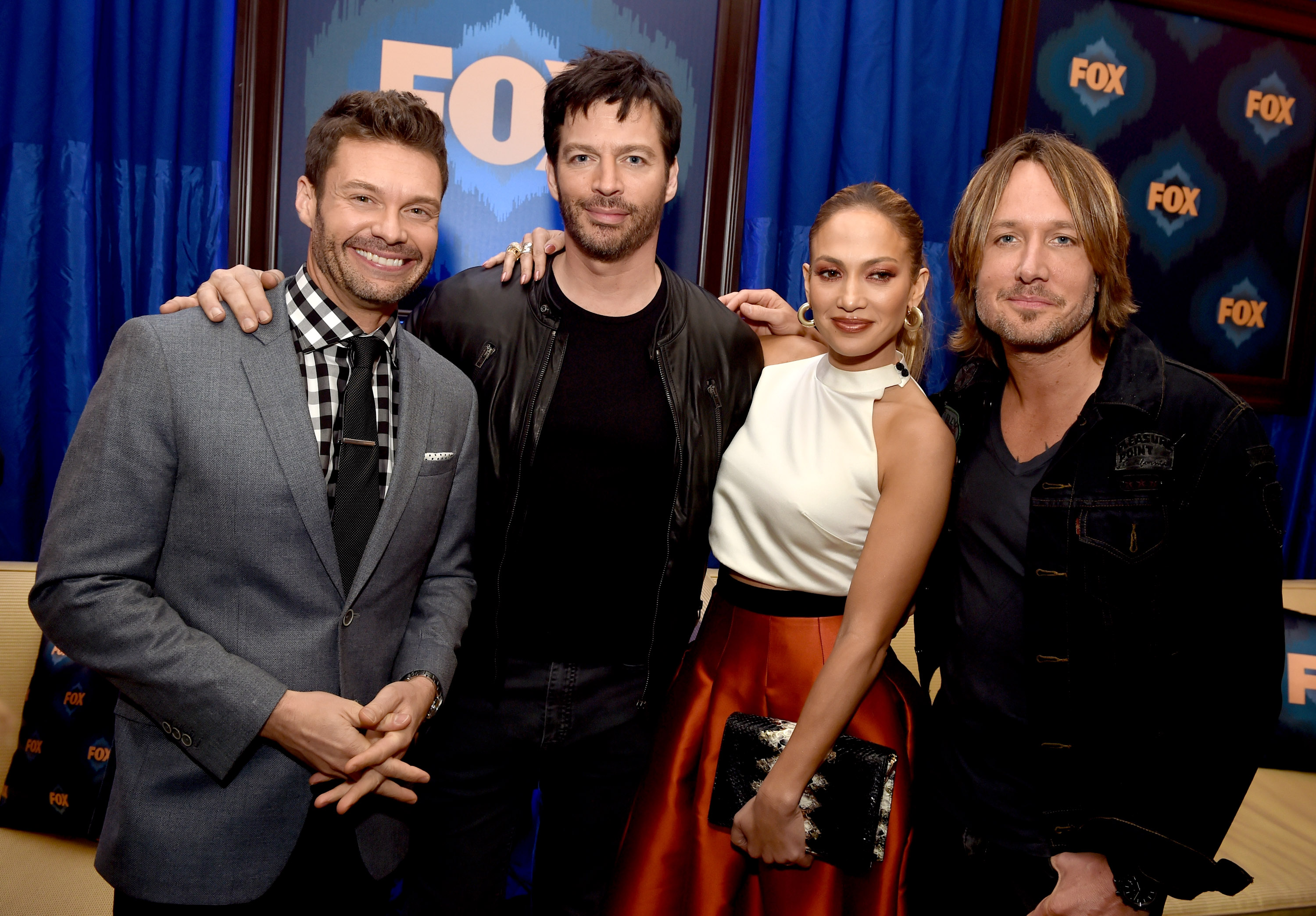Ryan Seacrest, judges musician Harry Connick, Jr., singer Jennifer Lopez and musician Keith Urban of American Idol pose at the Fox Winter TCA All-Star Party at the Langham Huntington Hotel on January 17, 2015 in Pasadena
