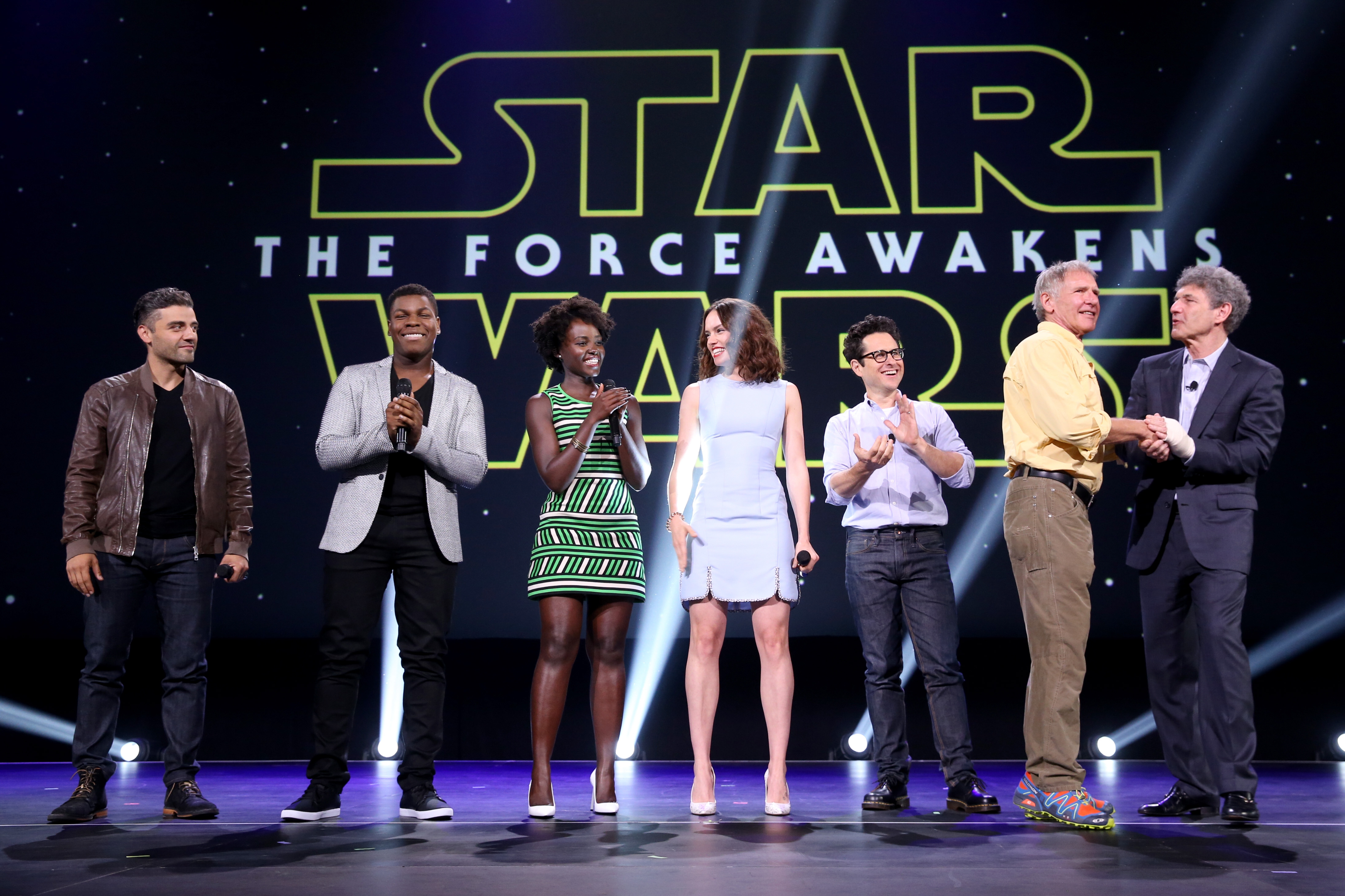 Oscar Isaac, John Boyega, Lupita Nyong’o, Daisy Ridley, director J.J. Abrams and actor Harrison Ford and Chairman of the Walt Disney Studios Alan Horn at The Walt Disney Studios’ presentation at Disney’s D23 EXPO 2015 in Anaheim, Calif.