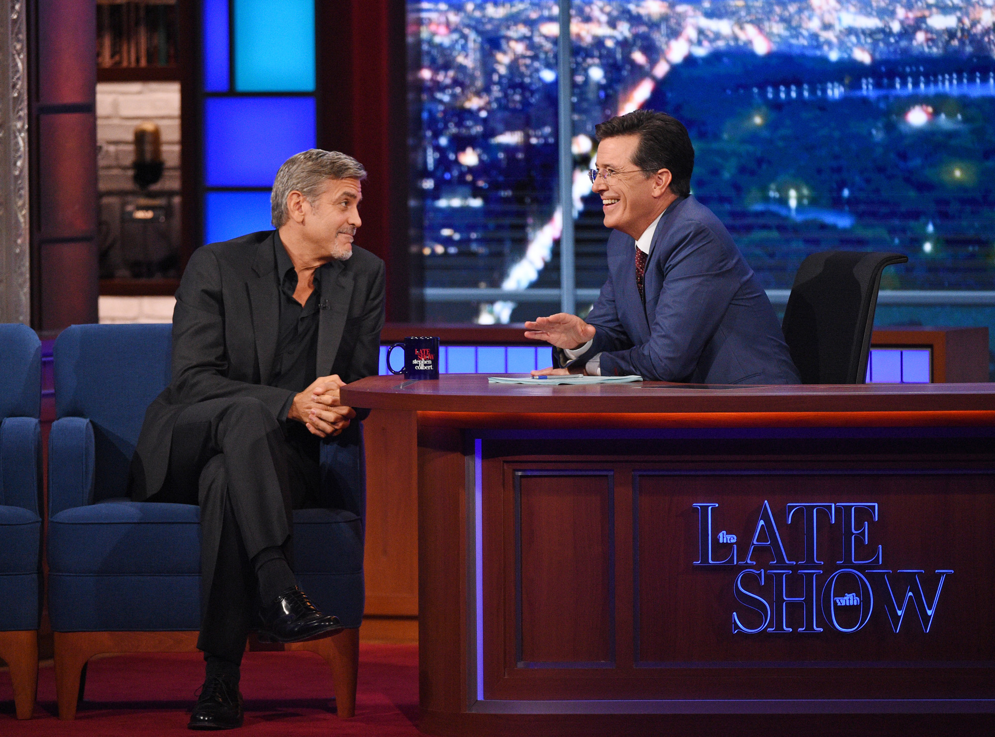 George Clooney chats with Stephen on the premiere of The Late Show with Stephen Colbert, Tuesday Sept. 8, 2015 on the CBS Television Network