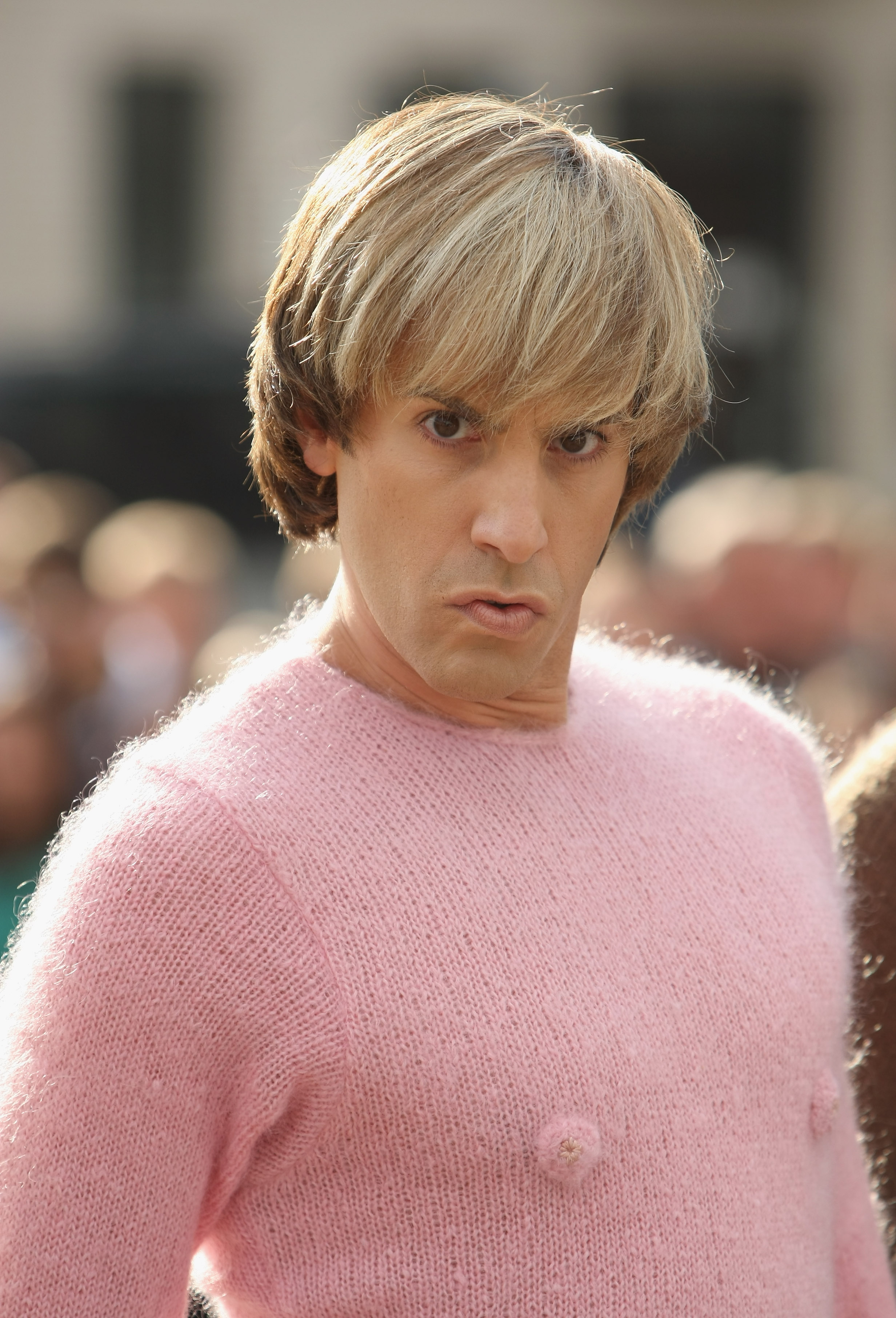 Sacha Baron Cohen looking pretty in pink at a photocall for his new film ‘Bruno’ in front of the Brandenburg Gate on June 21, 2009 in Berlin