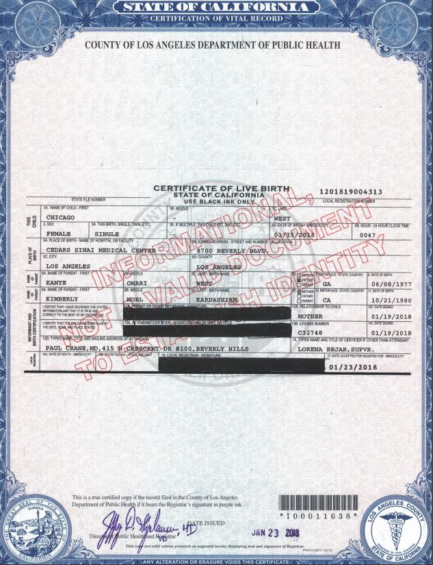 Chicago West Birth Certificate