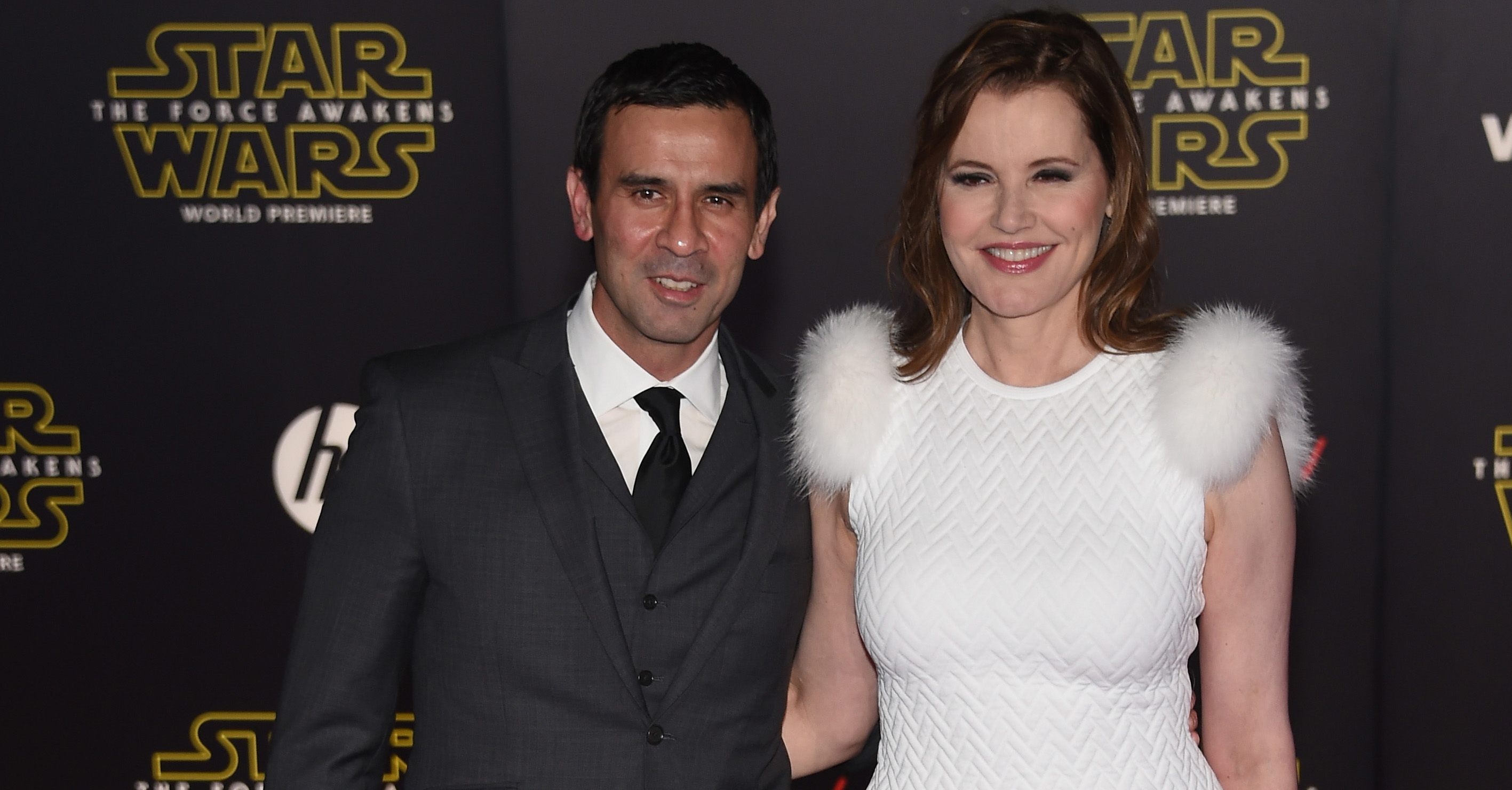 Reza Jarrahy and Geena Davis attend the premiere of Walt Disney Pictures and Lucasfilm’s ‘Star Wars: The Force Awakens’ at the Dolby Theatre on December 14th, 2015 in Hollywood, California. (Photo by Ethan Miller/Getty Images)