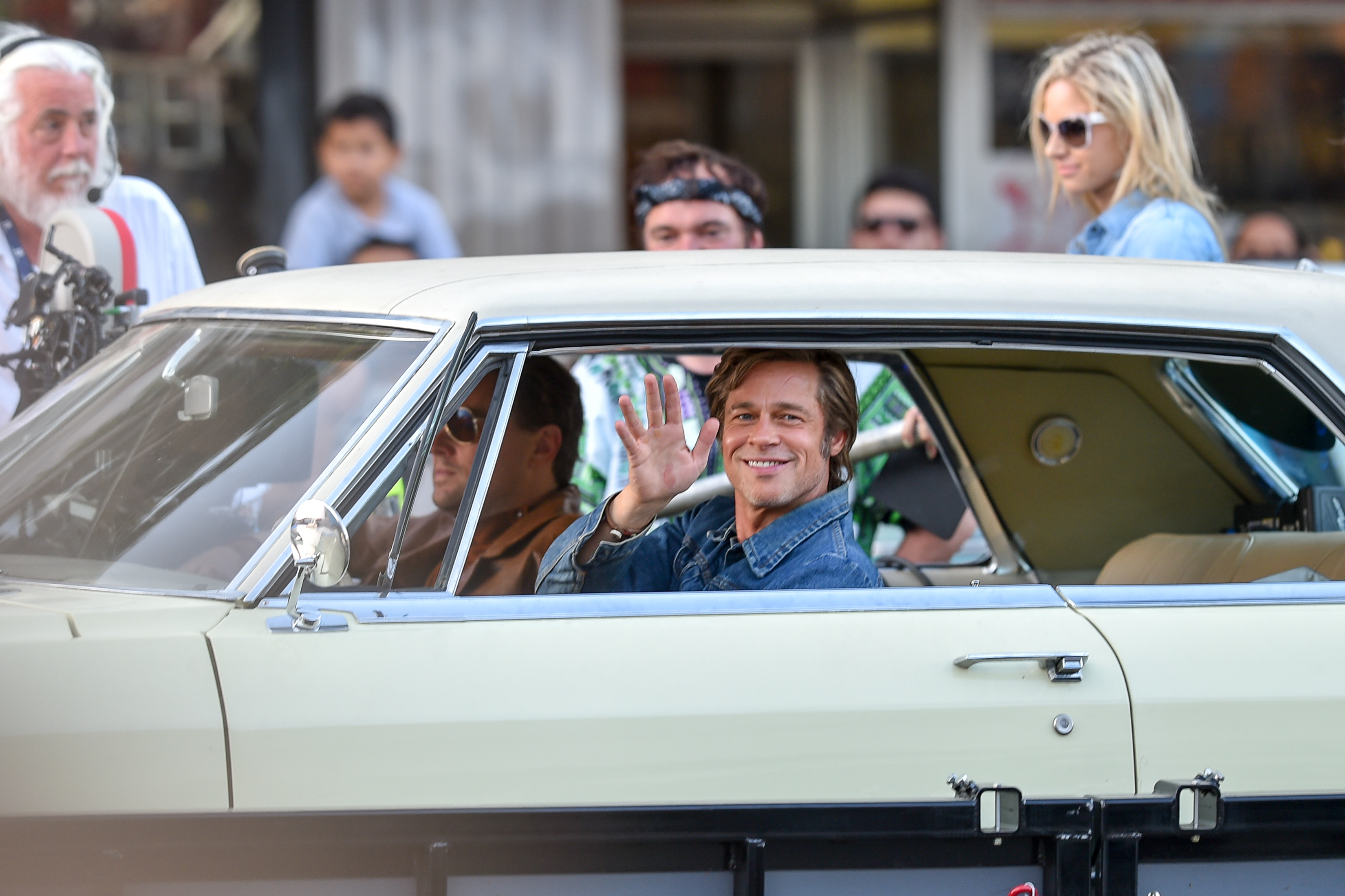 Leonardo DiCaprio and Brad Pitt are seen the set of Once Upon a Time In Hollywood on July 24, 2018 in Los Angeles