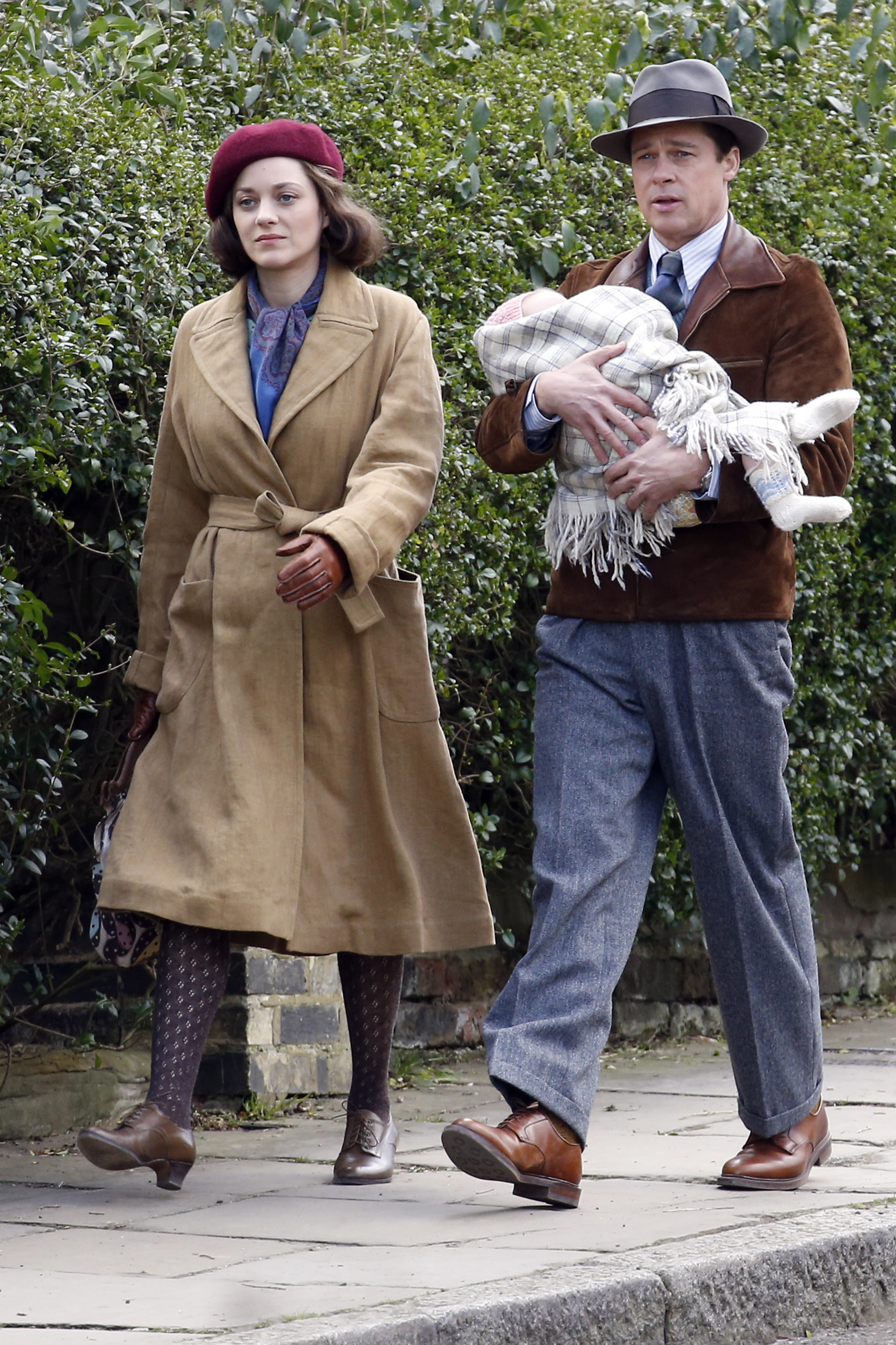 Marion Cotillard and Brad Pitt seen filming scenes for ‘Five Seconds Of Silence’ in Hampstead on March 31, 2016 in London
