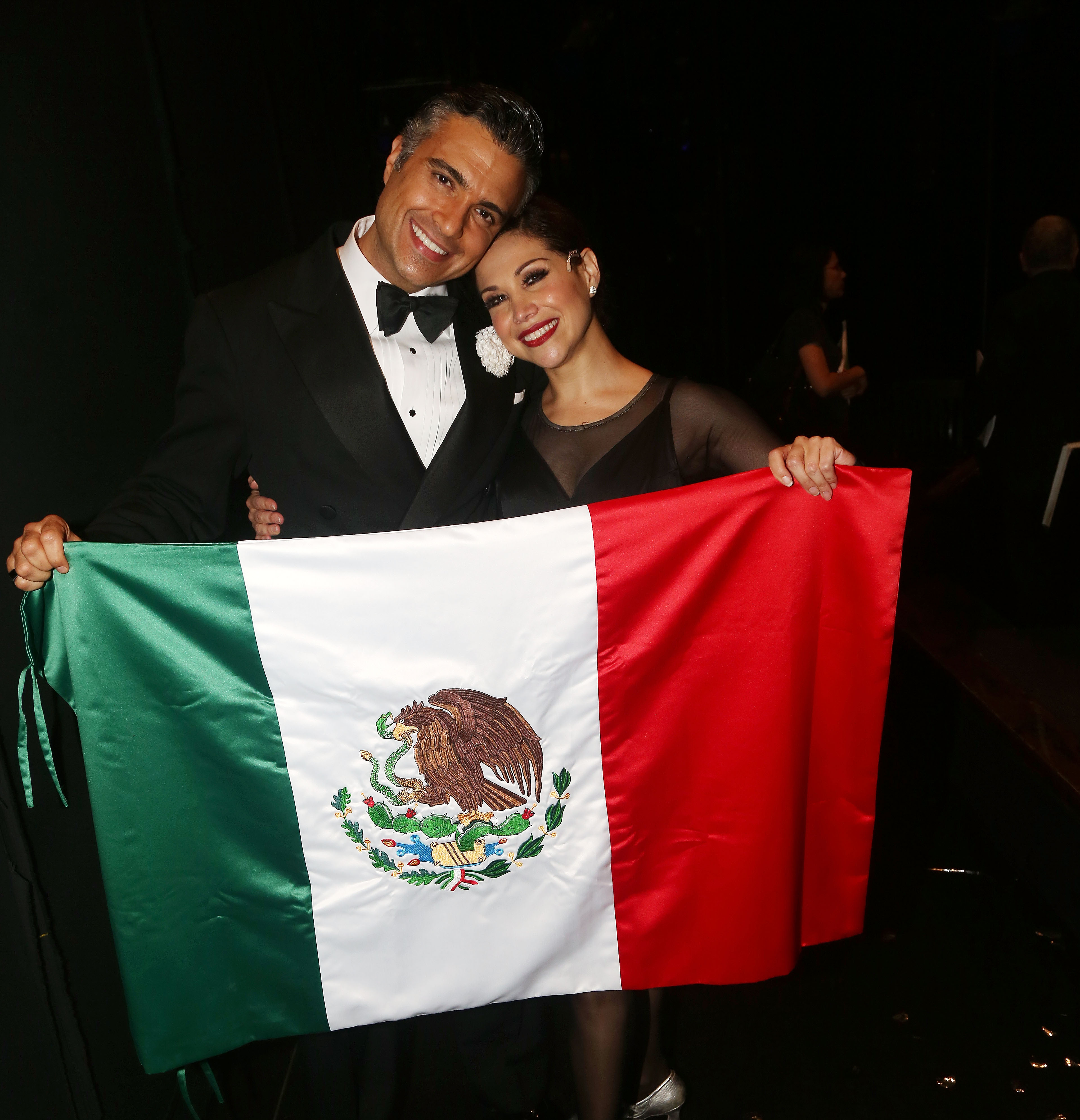 Jamie Camil and Bianca Marroquin pose backstage as Marroquin joins the cast of ‘Chicago’ on Broadway at The Ambassador Theatre on July 11, 2016 in New York City