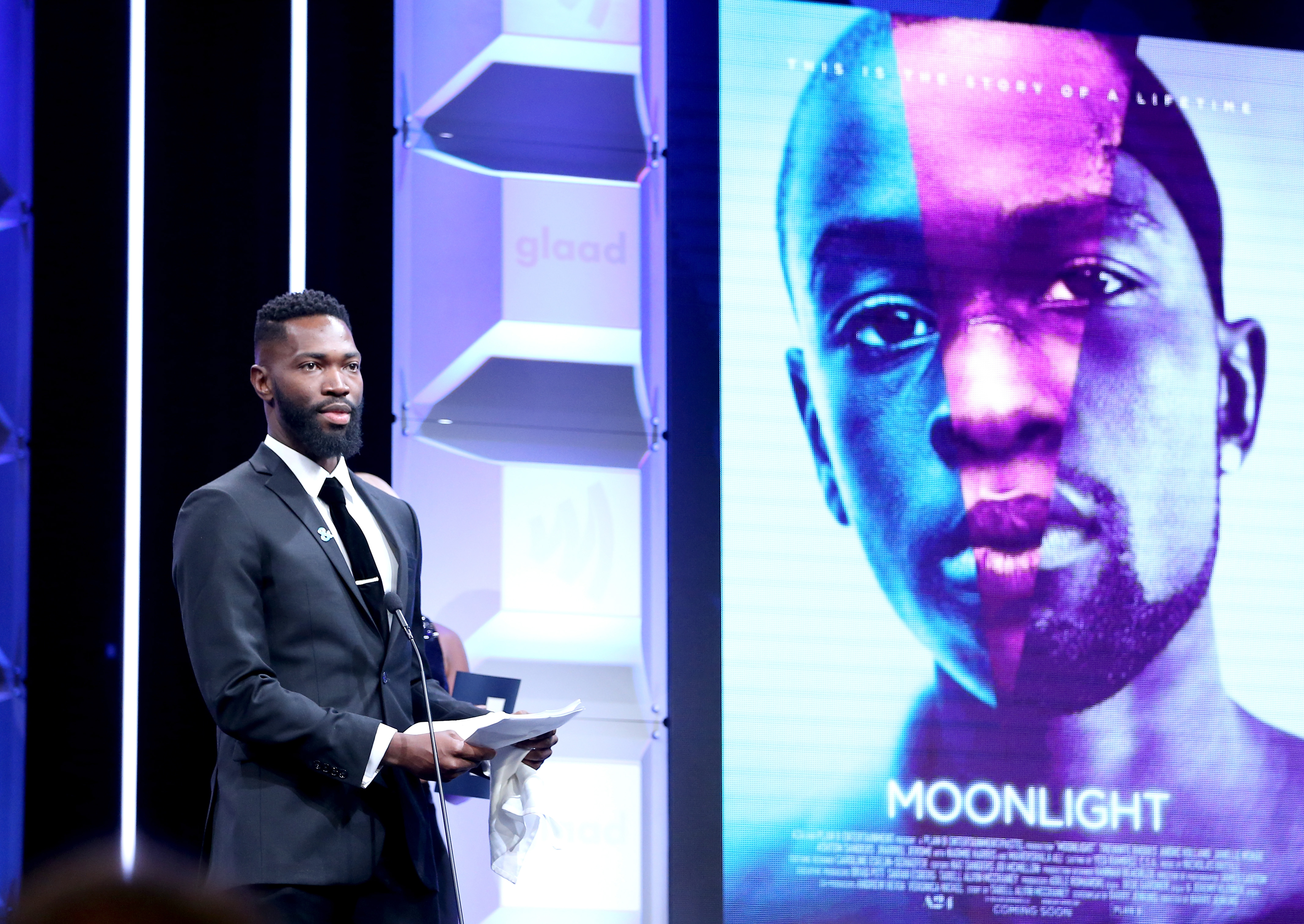 Tarell Alvin McCraney accepts the Outstanding Film Wide Release Award for ‘Moonlight’ at the 28th Annual GLAAD Media Awards in Beverly Hills on April 1, 2017