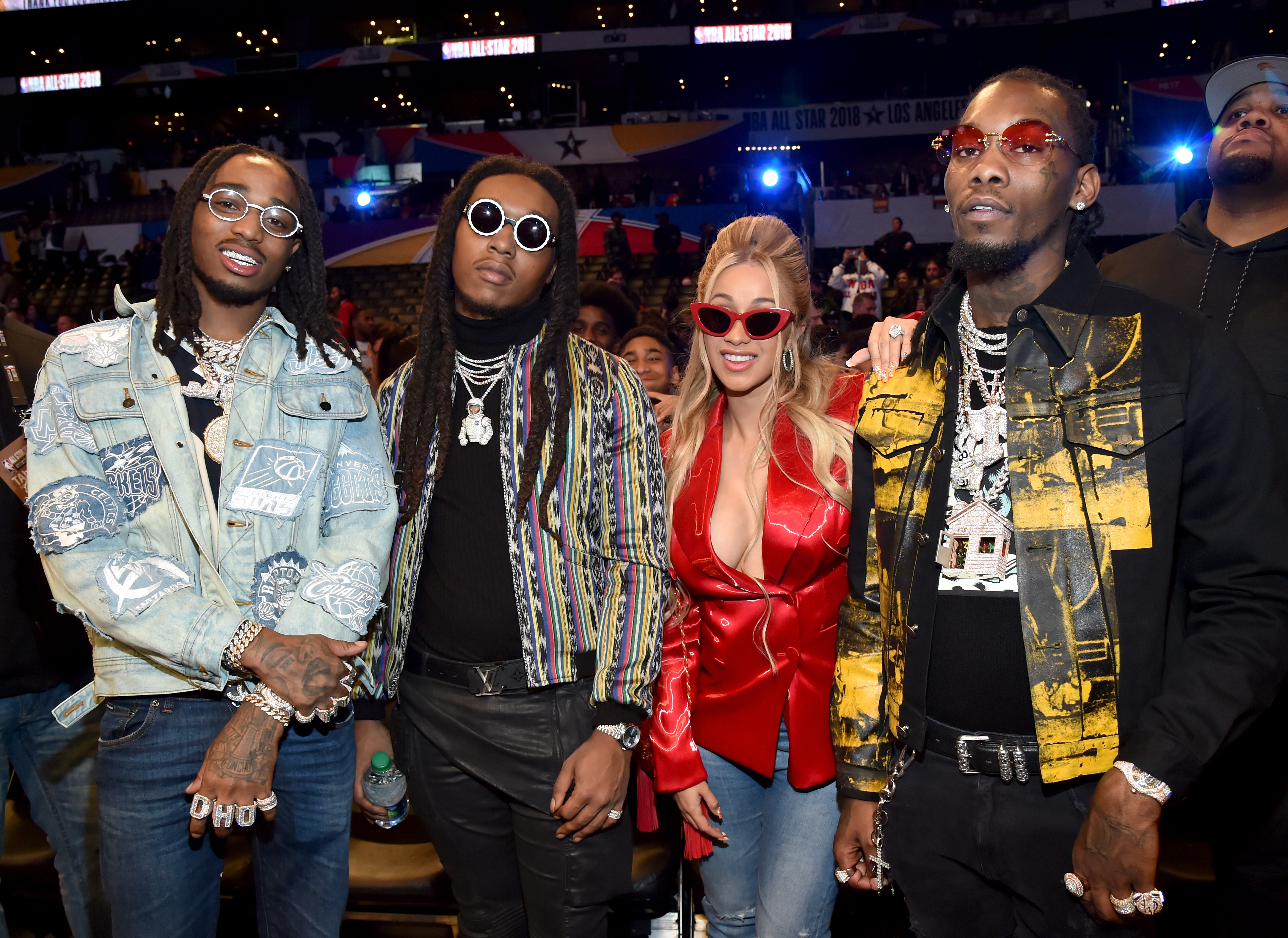 Quavo and Takeoff of Migos, Cardi B, and Offset of Migos attend the 67th NBA All-Star Game: Team LeBron Vs. Team Stephen at Staples Center on February 18, 2018 in Los Angeles