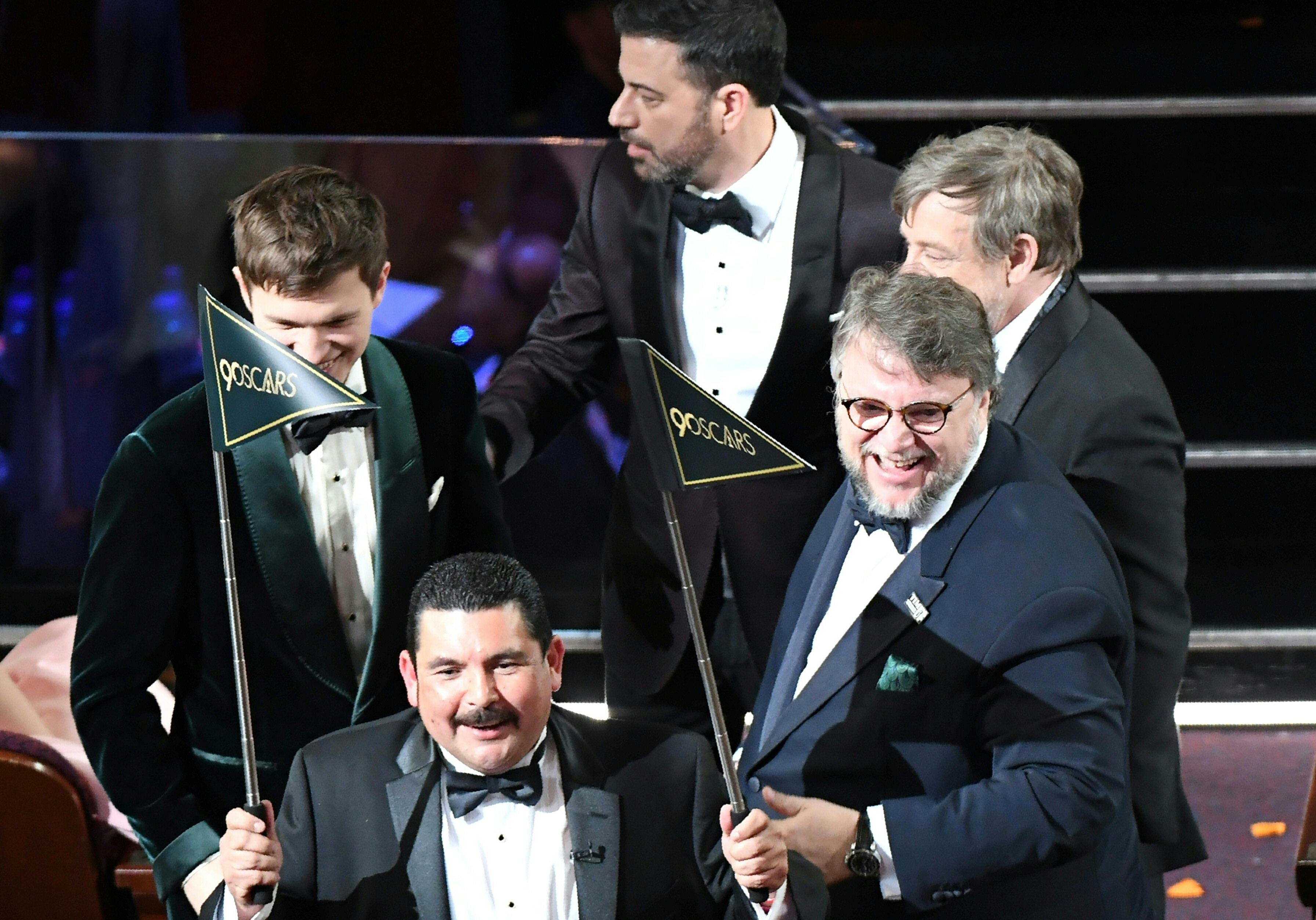Guillermo from ‘Jimmy Kimmel Live’ and director Guillermo del Toro leave for the Chinese Theatre to thank movie audiences during the 90th Annual Academy Awards show on March 4, 2018 in Hollywood
