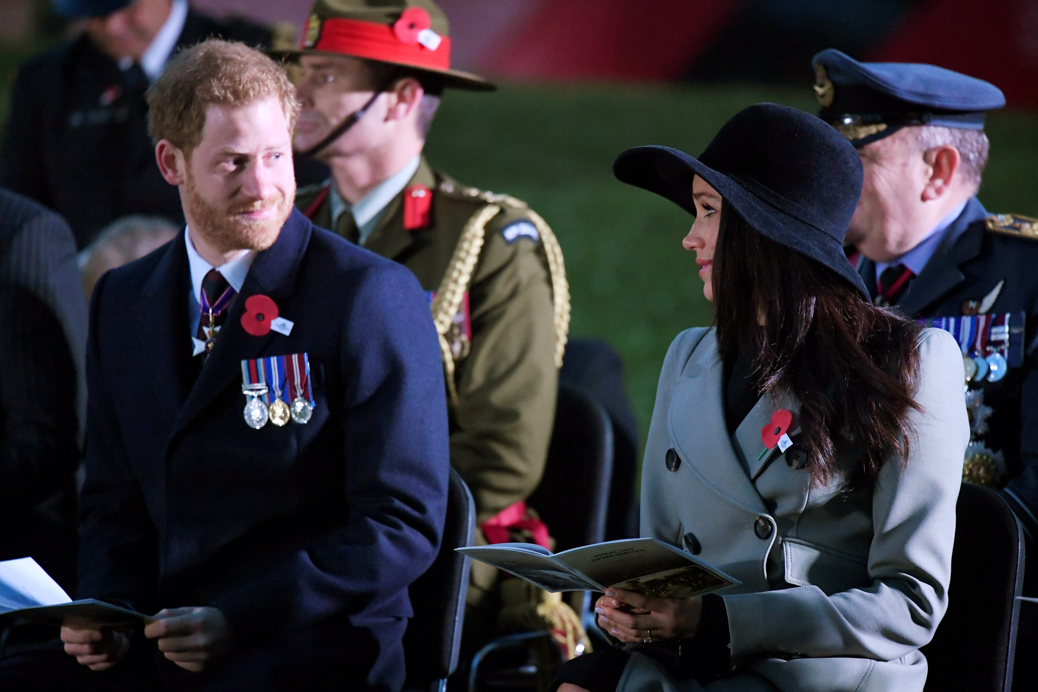 Prince Harry and Meghan Markle attend the Dawn Service at Wellington Arch to commemorate Anzac Day on April 25, 2018 in London, United Kingdom. (Photo by Toby Melville – WPA Pool/Getty Images)