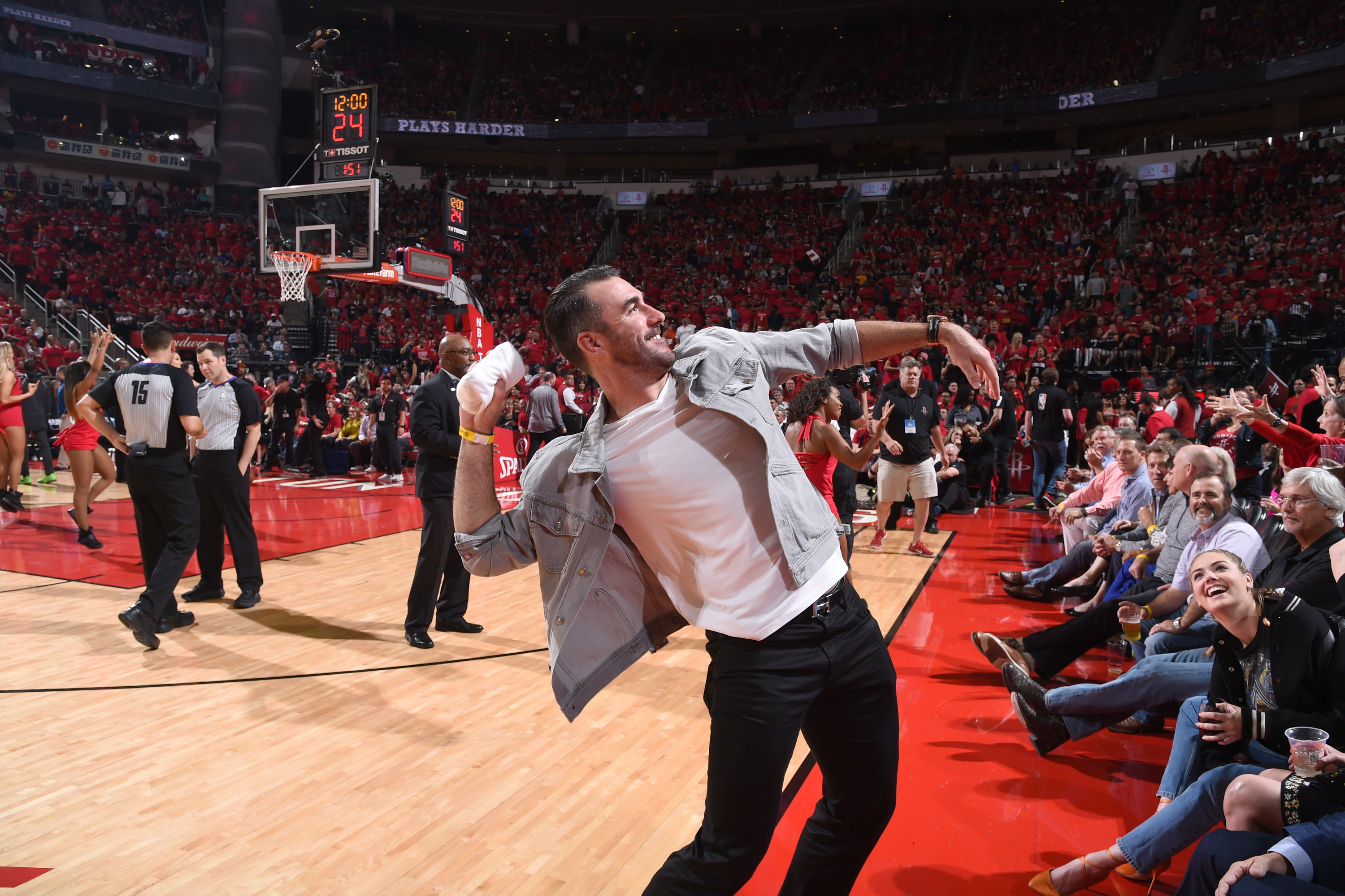 Justin Verlander throws out shirts in Game Five of the Western Conference Quarterfinals between the Minnesota Timberwolves and the Houston Rockets during the 2018 NBA Playoffs on April 25, 2018 at the Toyota Center in Houston, Texas. (Credit: Getty)