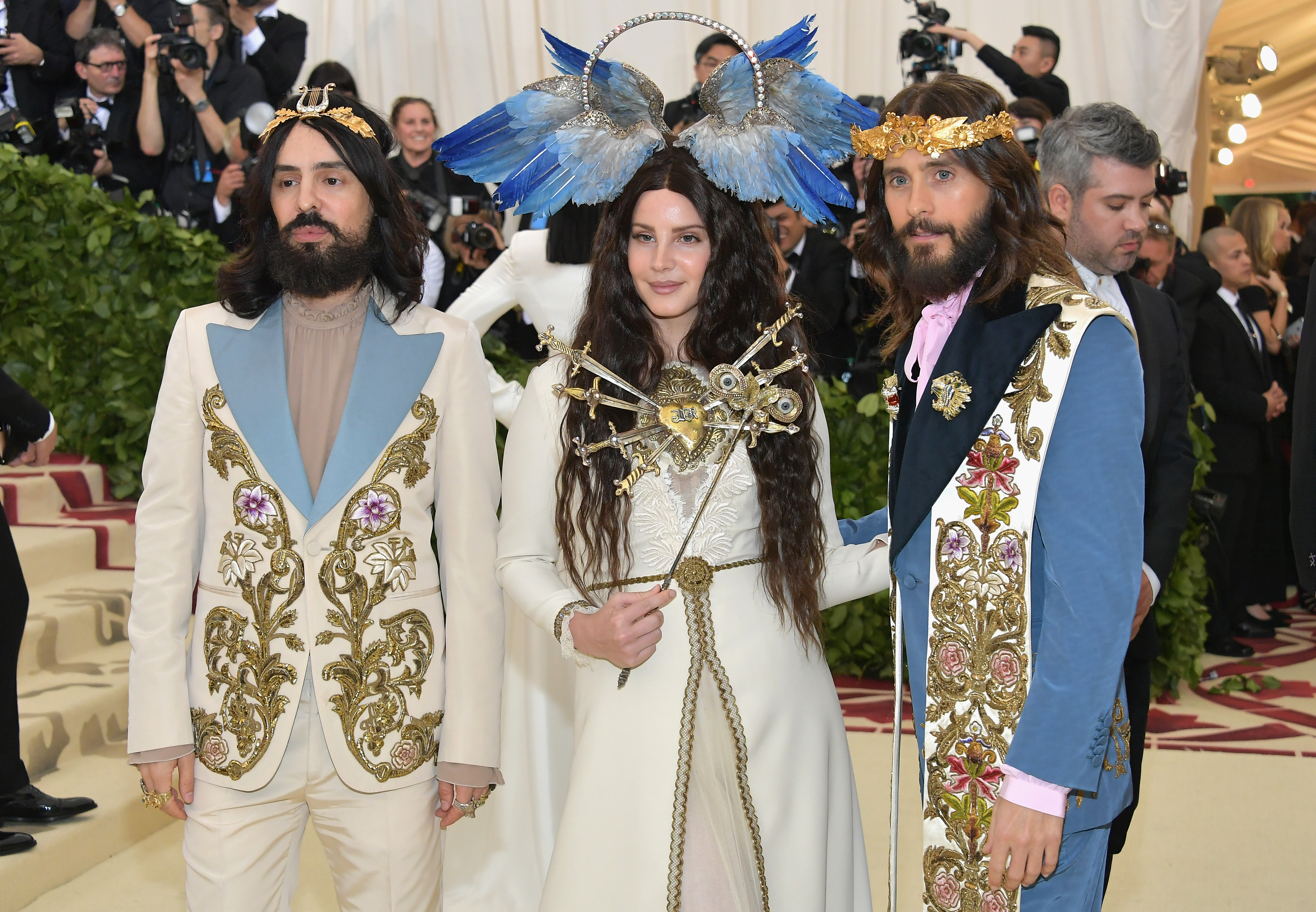 Alessandro Michele, Lana Del Rey, and Jared Leto attend the Heavenly Bodies: Fashion & The Catholic Imagination Costume Institute Gala at The Metropolitan Museum of Art on May 7, 2018 in New York City. (Photo by Neilson Barnard/Getty Images)