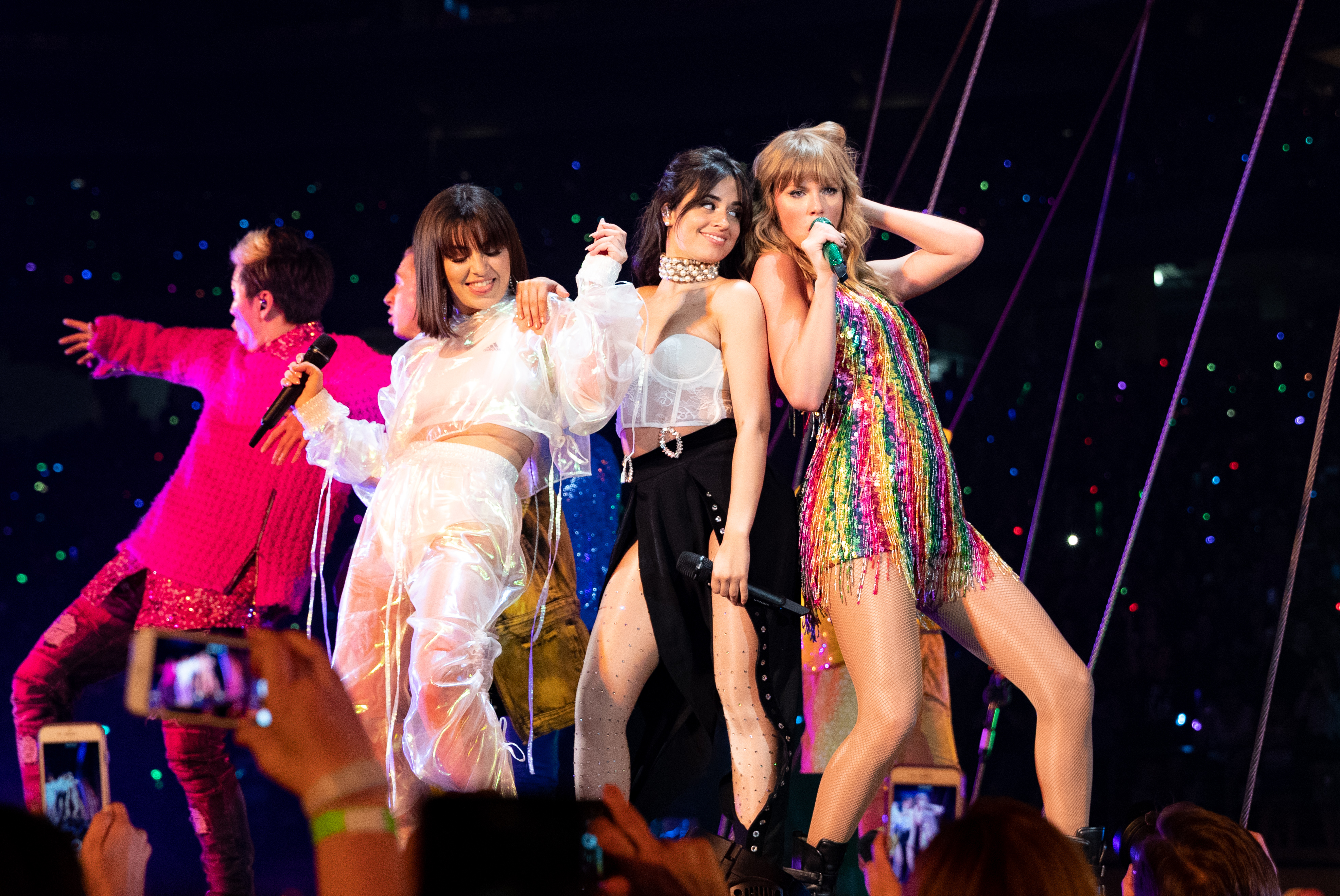 Charli XCX, Camila Cabello and Taylor Swift perform onstage during opening night of Taylor Swift’s 2018 Reputation Stadium Tour at University of Phoenix Stadium on May 8, 2018 in Glendale, Arizona