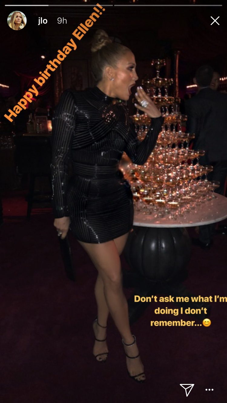 Jennifer Lopez snaps a funny pic at Ellen DeGeneres’ 60th birthday party on Feb. 11, 2018 in Los Angeles