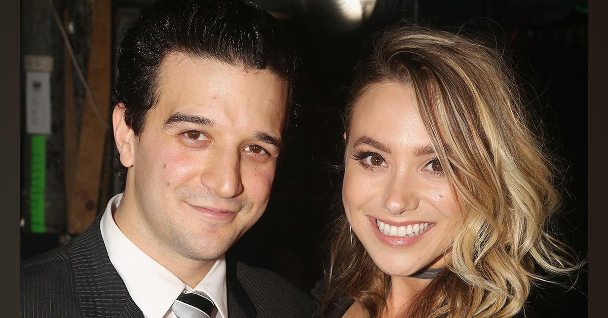 Mark Ballas and BC Jean pose backstage as Ballas begins his run as ‘Frankie Valli’ in ‘Jersey Boys’ on Broadway at The August Wilson Theatre on October 18, 2016 in New York City