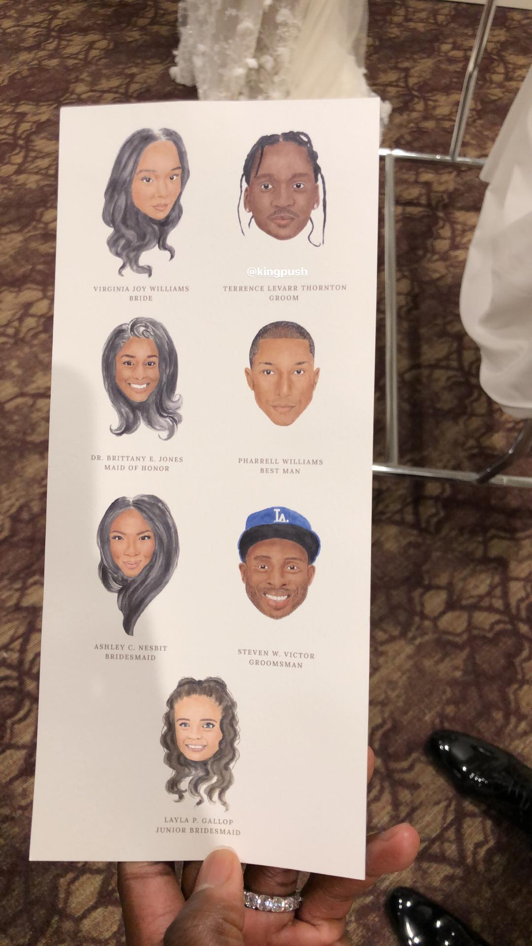 Kim Kardashian shares a look at the program from Pusha T’s wedding on July 21, 2018, where Pharrell Williams was the best man.
