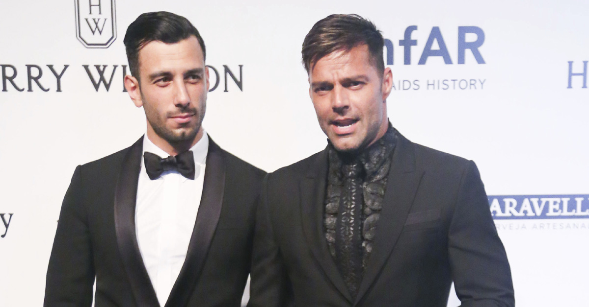 Jwan Josef and Ricky Martin arrive at 2016 amfAR Inspiration Gala on April 15, 2016 in Sao Paulo, Brazil