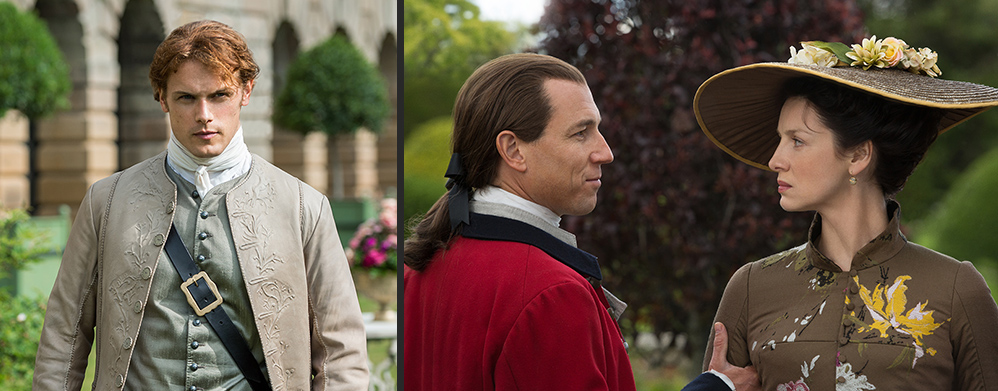 Sam Heughan as Jamie Fraser, Tobias Menzies as Black Jack Randall and Caitriona Balfe as Claire Fraser in ‘Outlander’ Season 2, Episode 5 — ‘Untimely Resurrection’