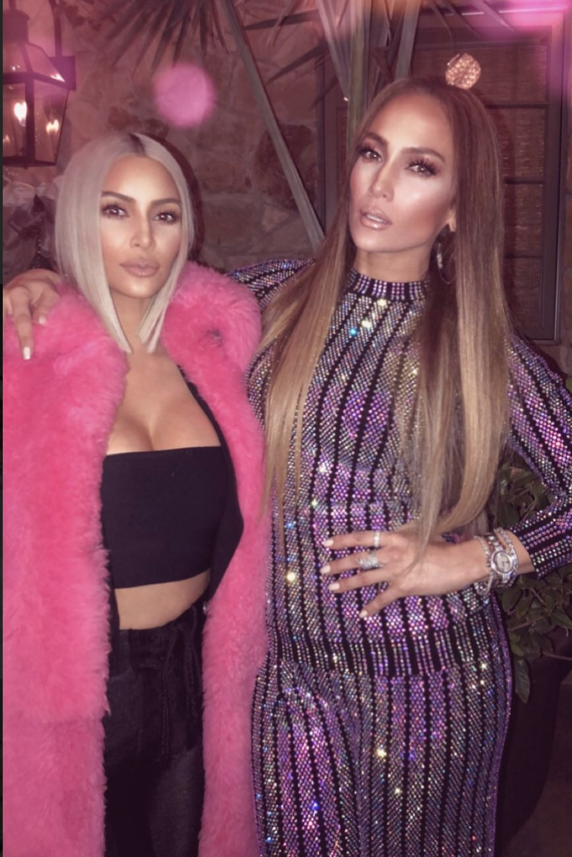 Jennifer Lopez and Kim Kardashian pose for a snap during Taco Wednesday on Kim’s Instagram Story