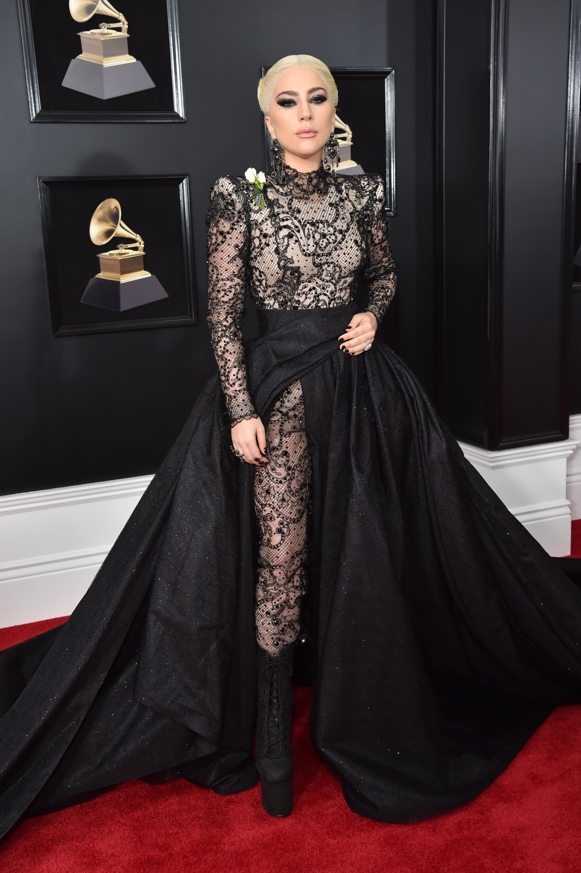 Lady Gaga Wows In Black Lace Ball Gown & Bodysuit Combo At 2018 Grammy ...