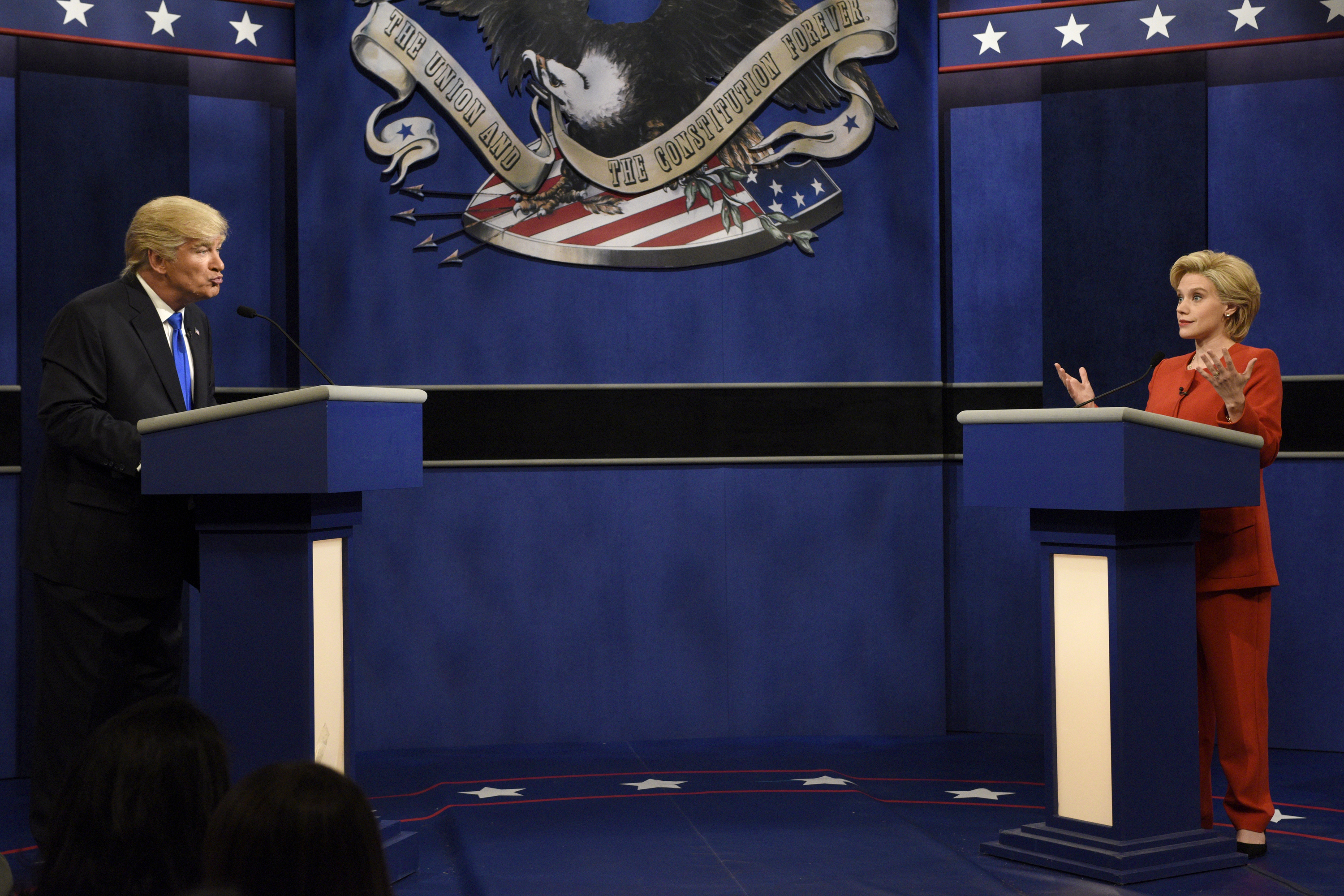Alec Baldwin as Donald Trump and Kate McKinnon as Hillary Clinton in the debate sketch on the Season 42 premiere of ‘Saturday Night Live,’ Oct. 1, 2016
