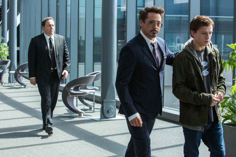 Jon Favreau, Robert Downey Jr. and Tom Holland in 'Spider-Man: Homecoming'